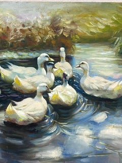 White Ducks Swimming in Pond Contemporary English Impressionist Oil Painting
