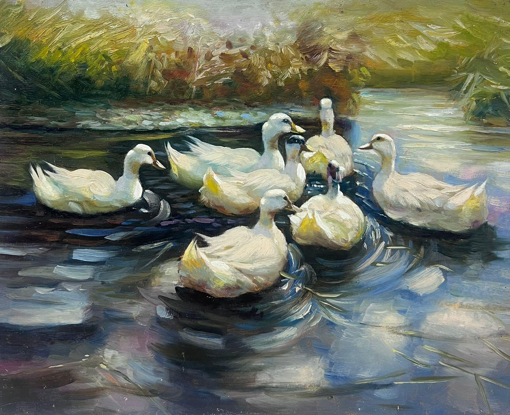 White Ducks Swimming in Pond Contemporary English Impressionist Oil Painting For Sale 2