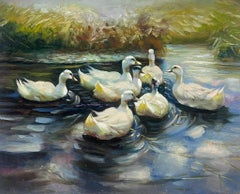White Ducks Swimming in Pond Contemporary English Impressionist Oil Painting