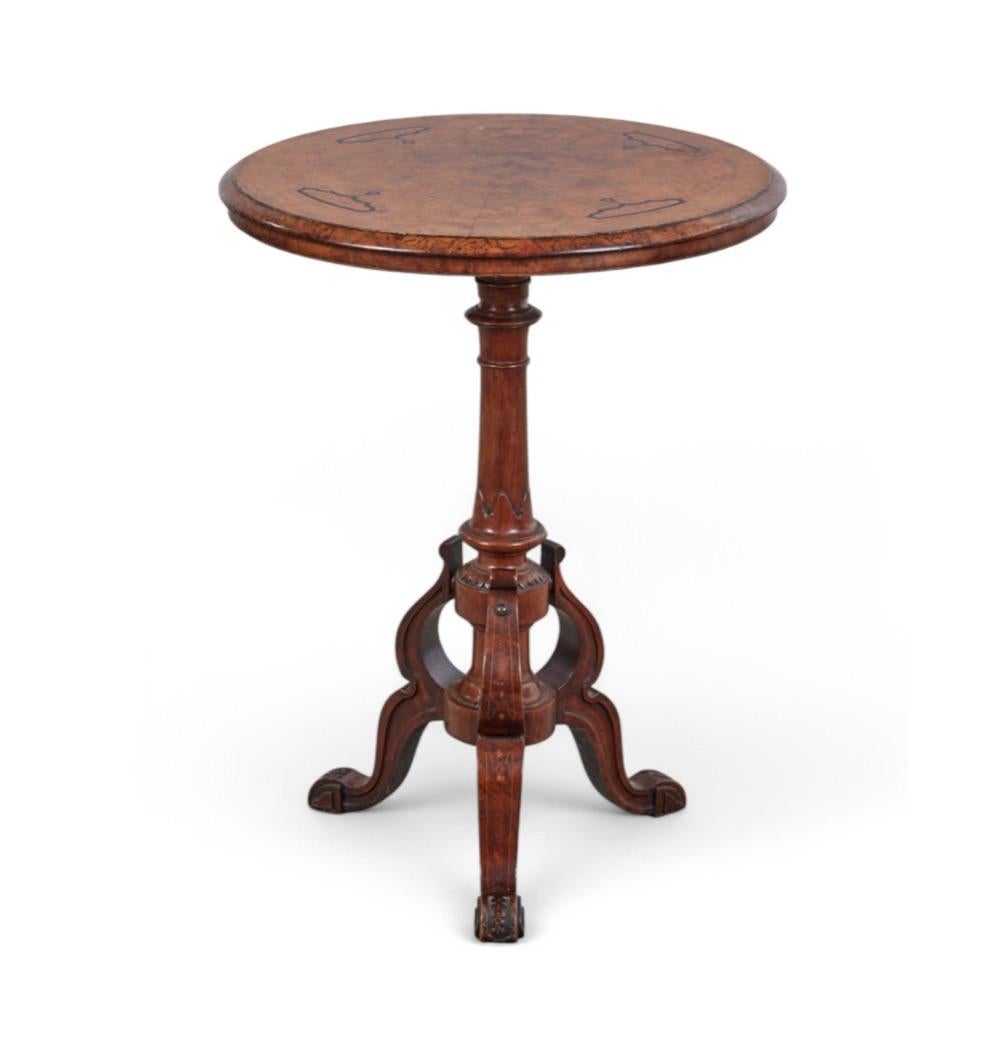Victorian English Inlaid Burl Walnut Circular Occasional/Side Table For Sale