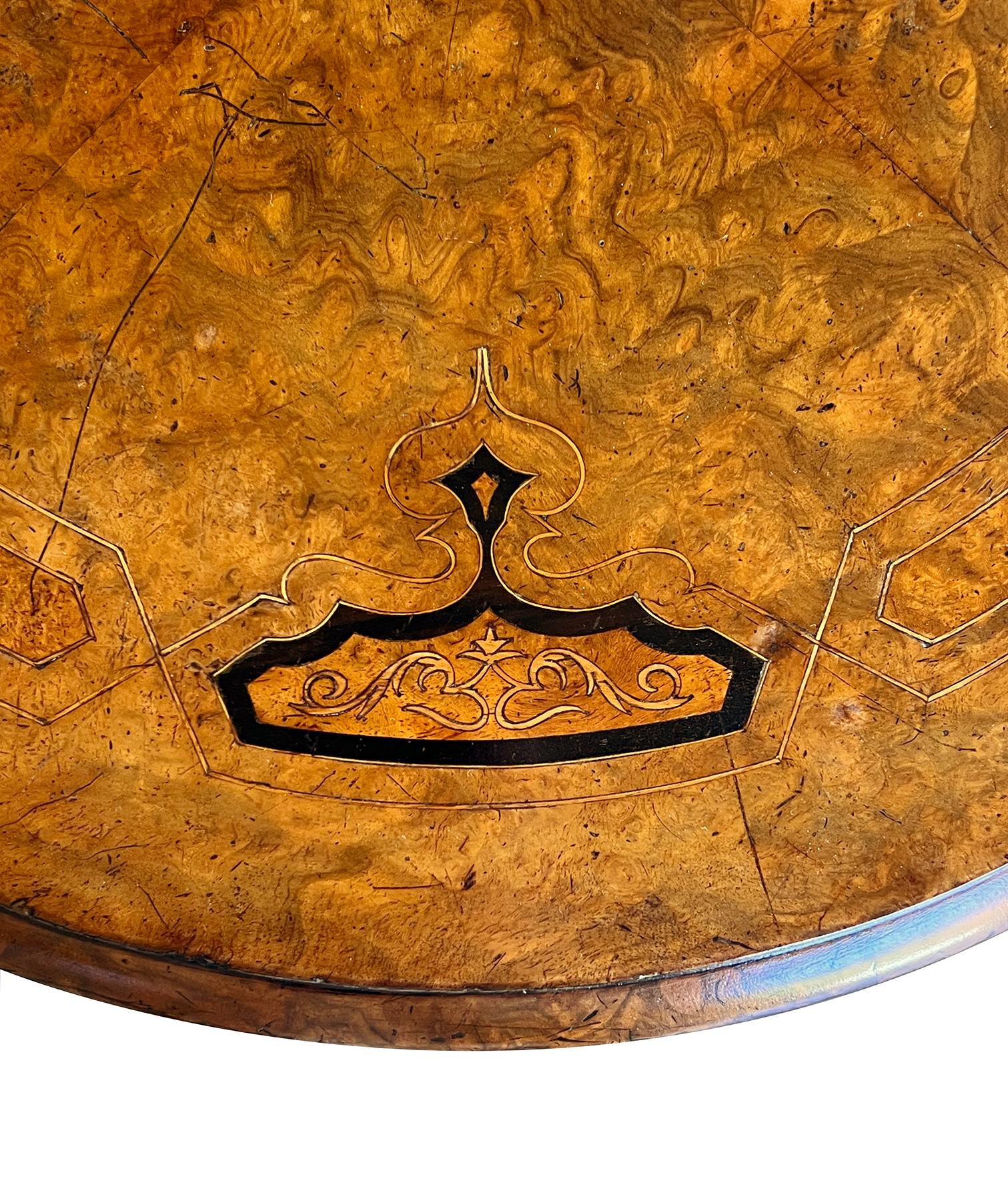 Mid-19th Century English Inlaid Burl Walnut Circular Occasional/Side Table For Sale