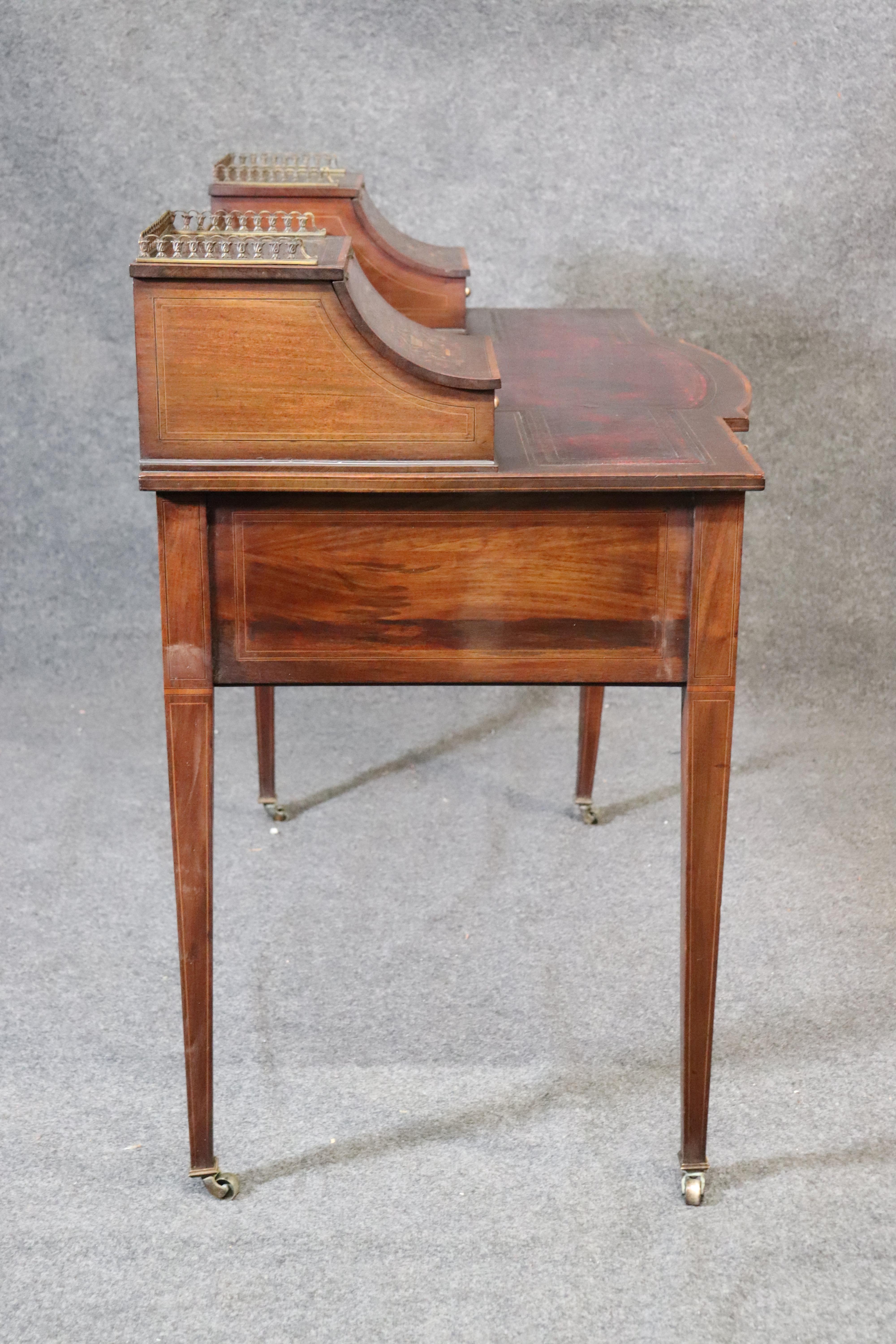 English Inlaid Edwardian Burgundy Leather Writing Table Desk, circa 1920 4