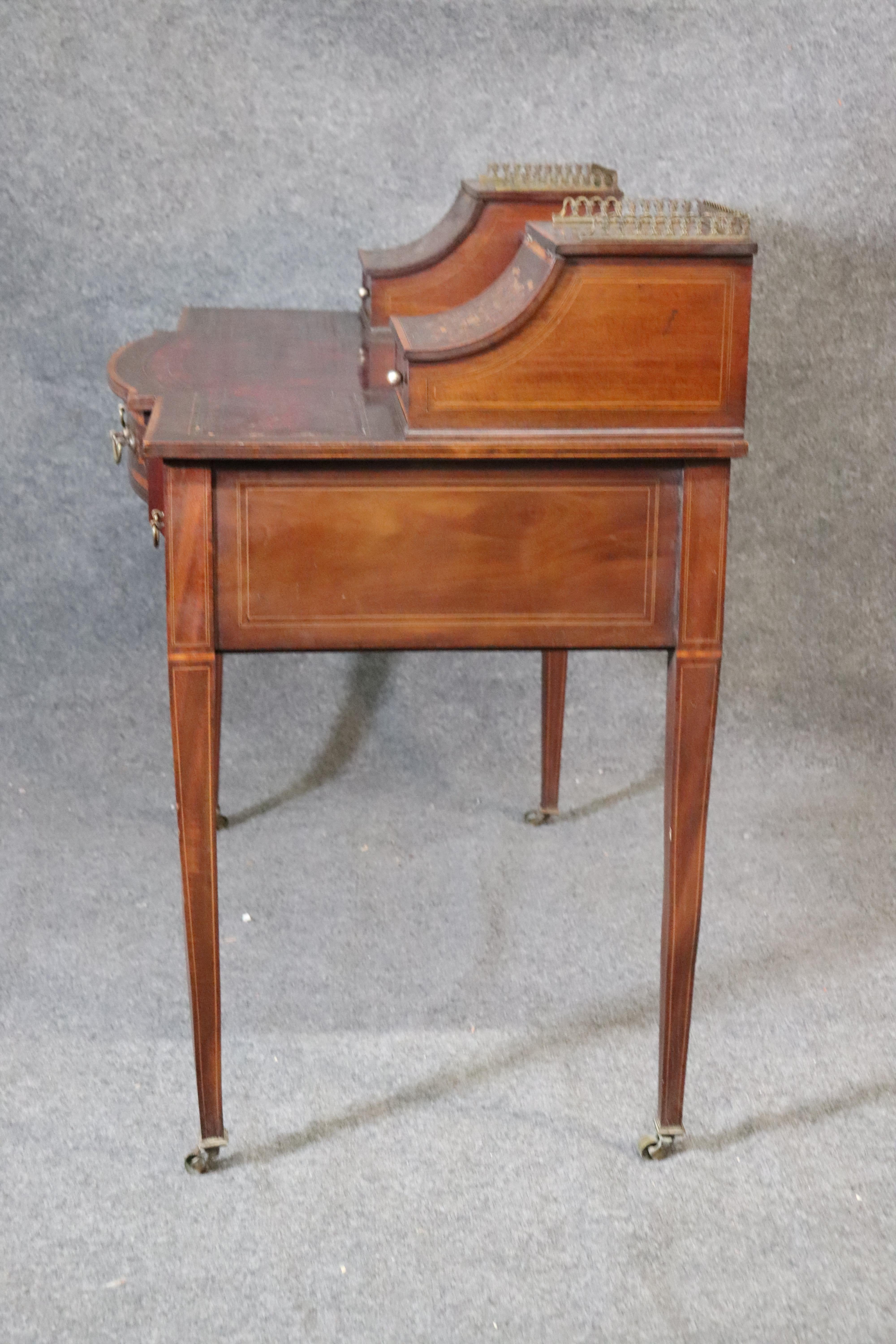 English Inlaid Edwardian Burgundy Leather Writing Table Desk, circa 1920 5
