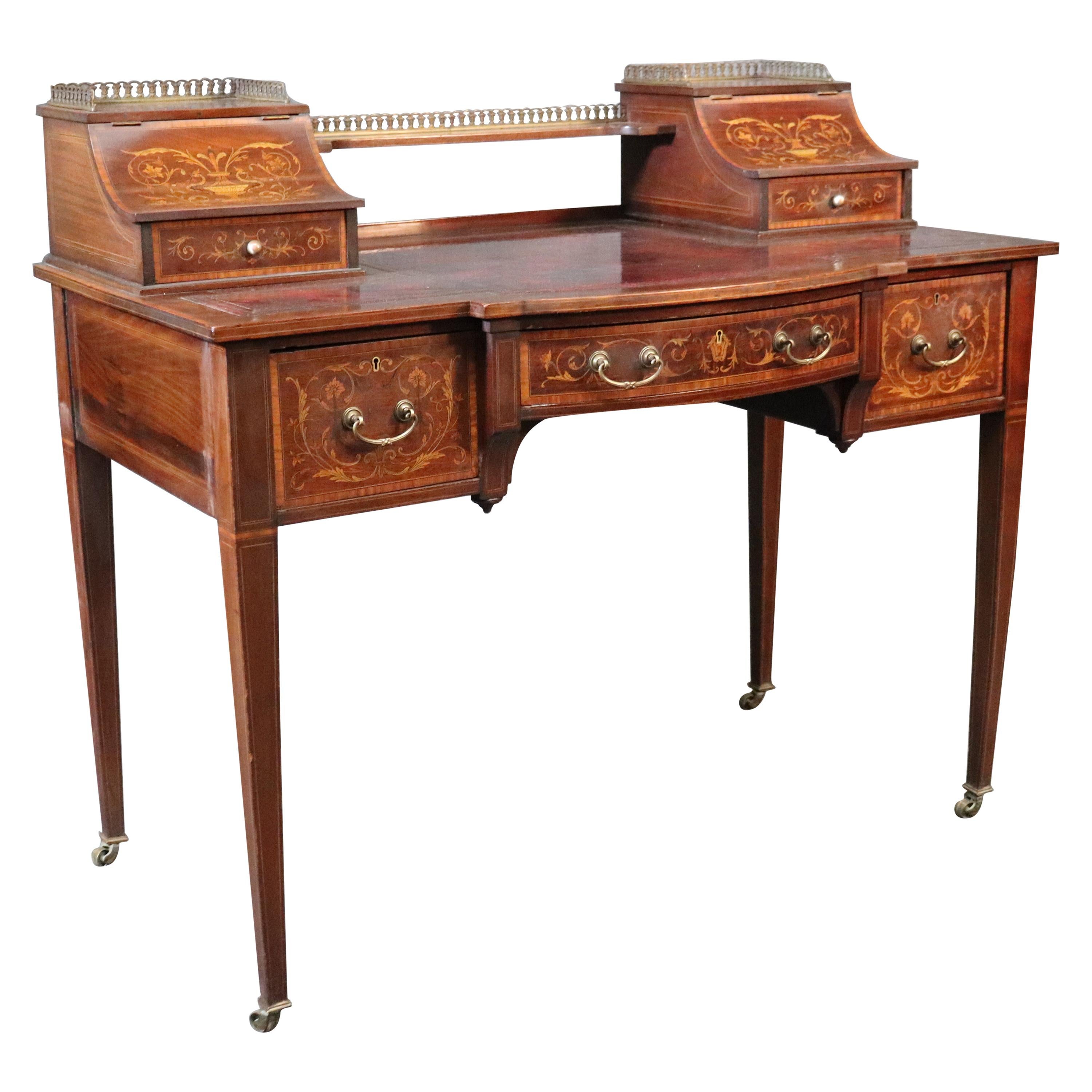 English Inlaid Edwardian Burgundy Leather Writing Table Desk, circa 1920