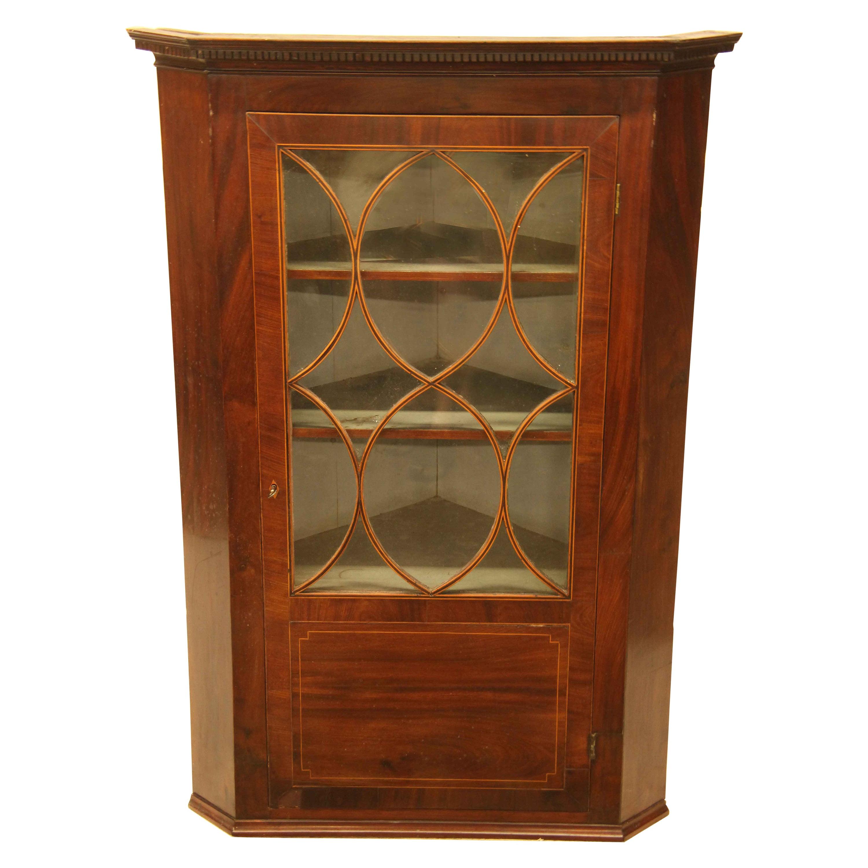 English Inlaid Glass Door Hanging Corner Cupboard