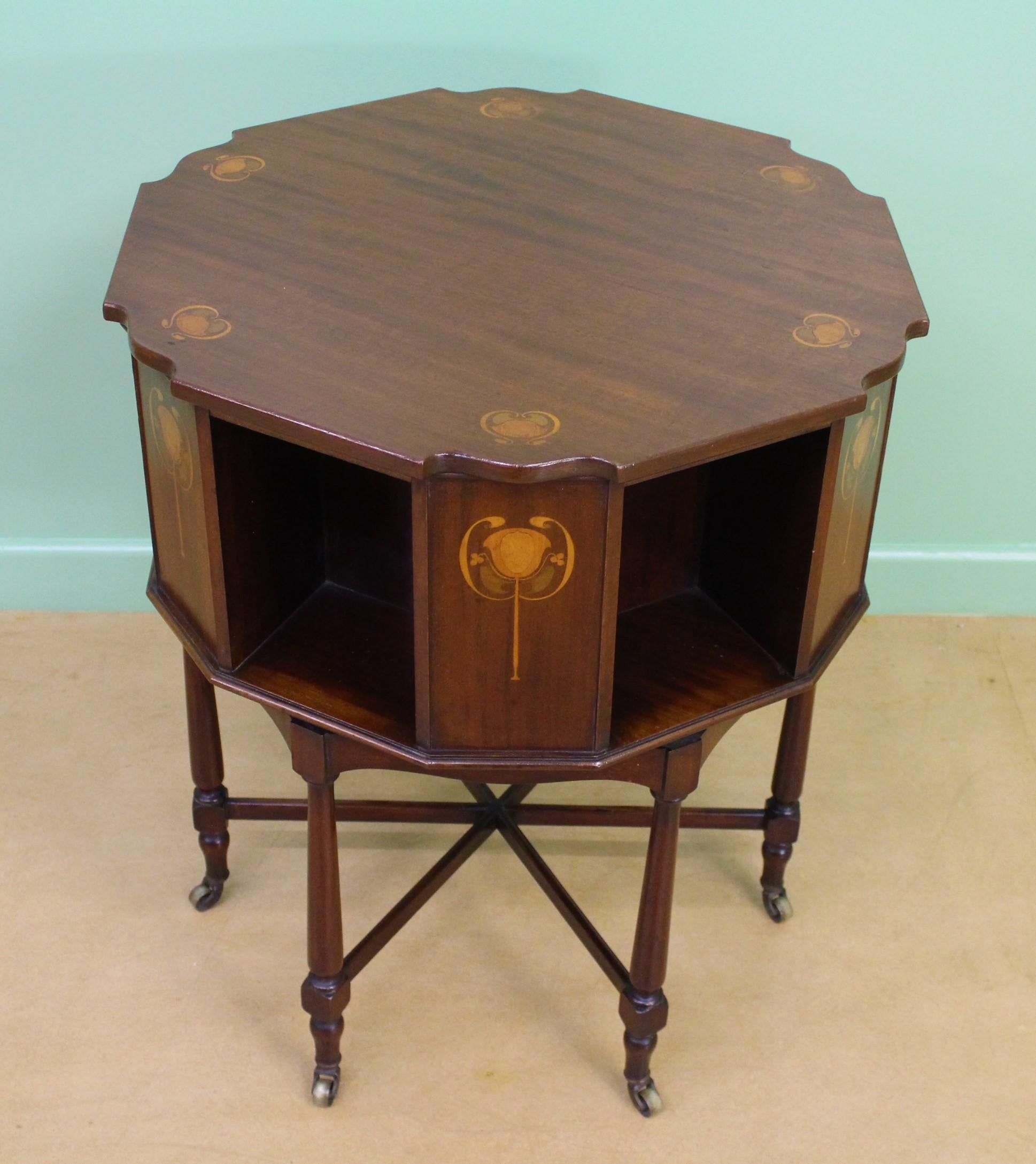 Inlay English Inlaid Mahogany Art Nouveau Revolving Book Table