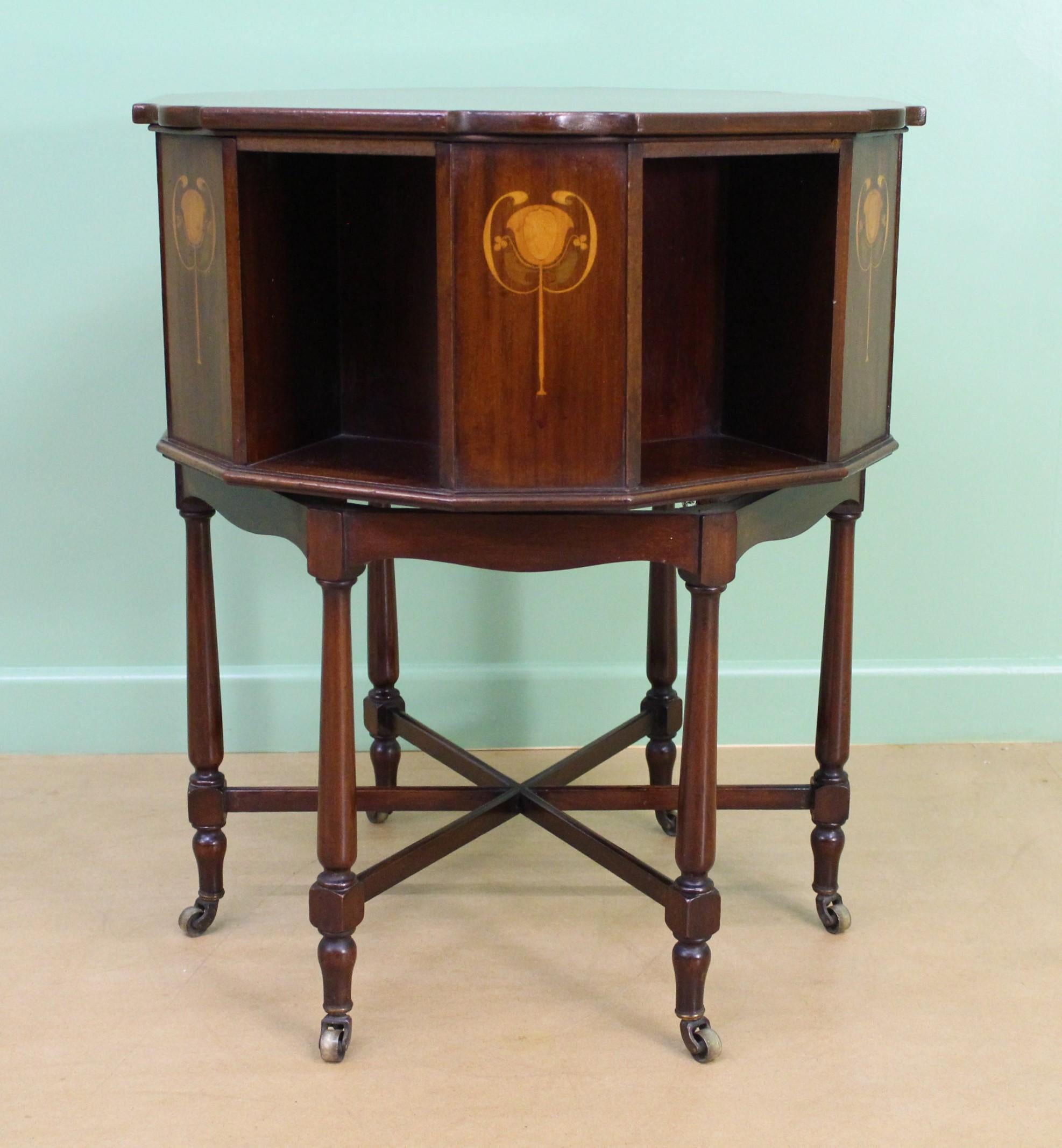 English Inlaid Mahogany Art Nouveau Revolving Book Table In Good Condition In Poling, West Sussex
