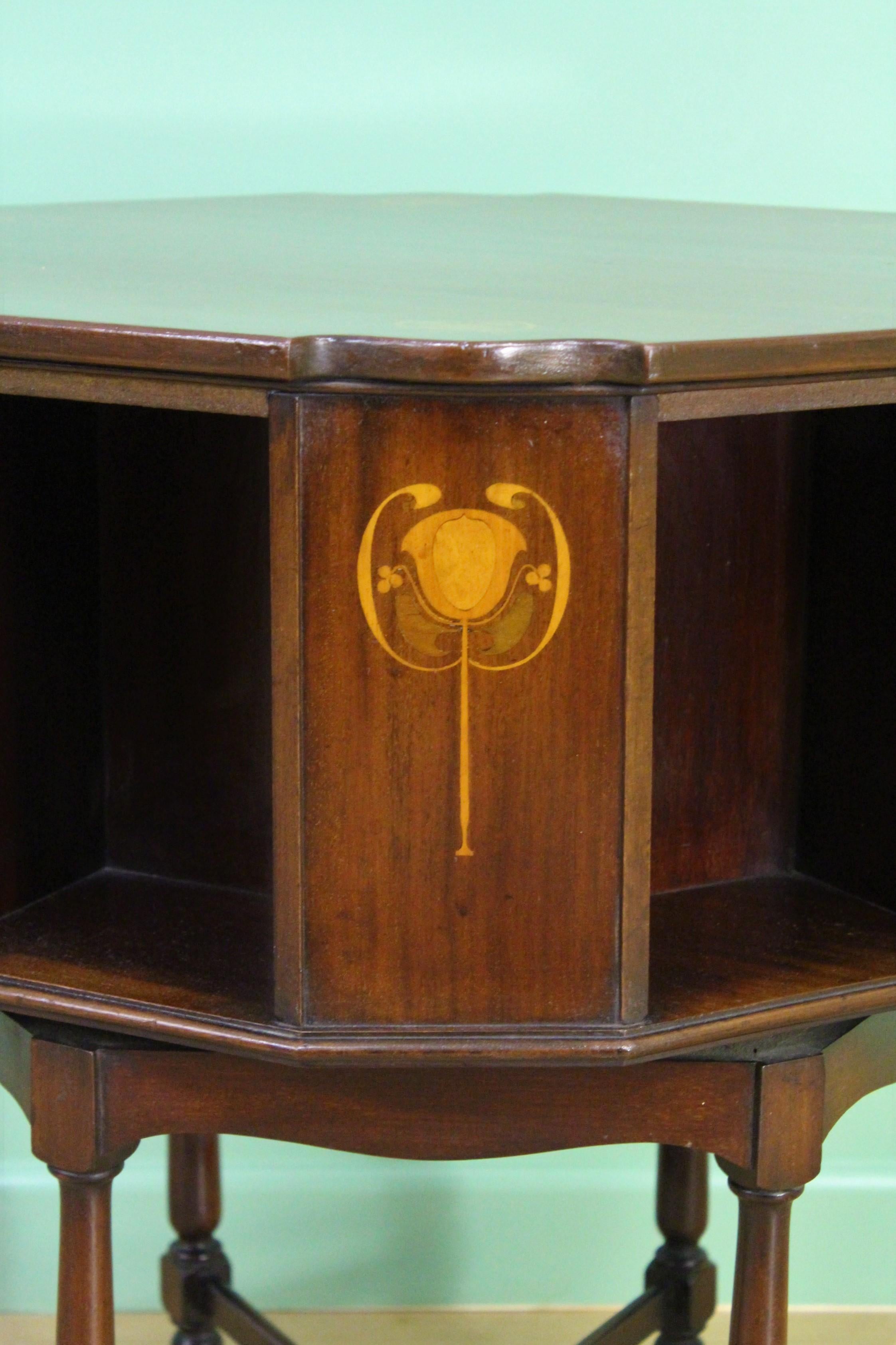 20th Century English Inlaid Mahogany Art Nouveau Revolving Book Table