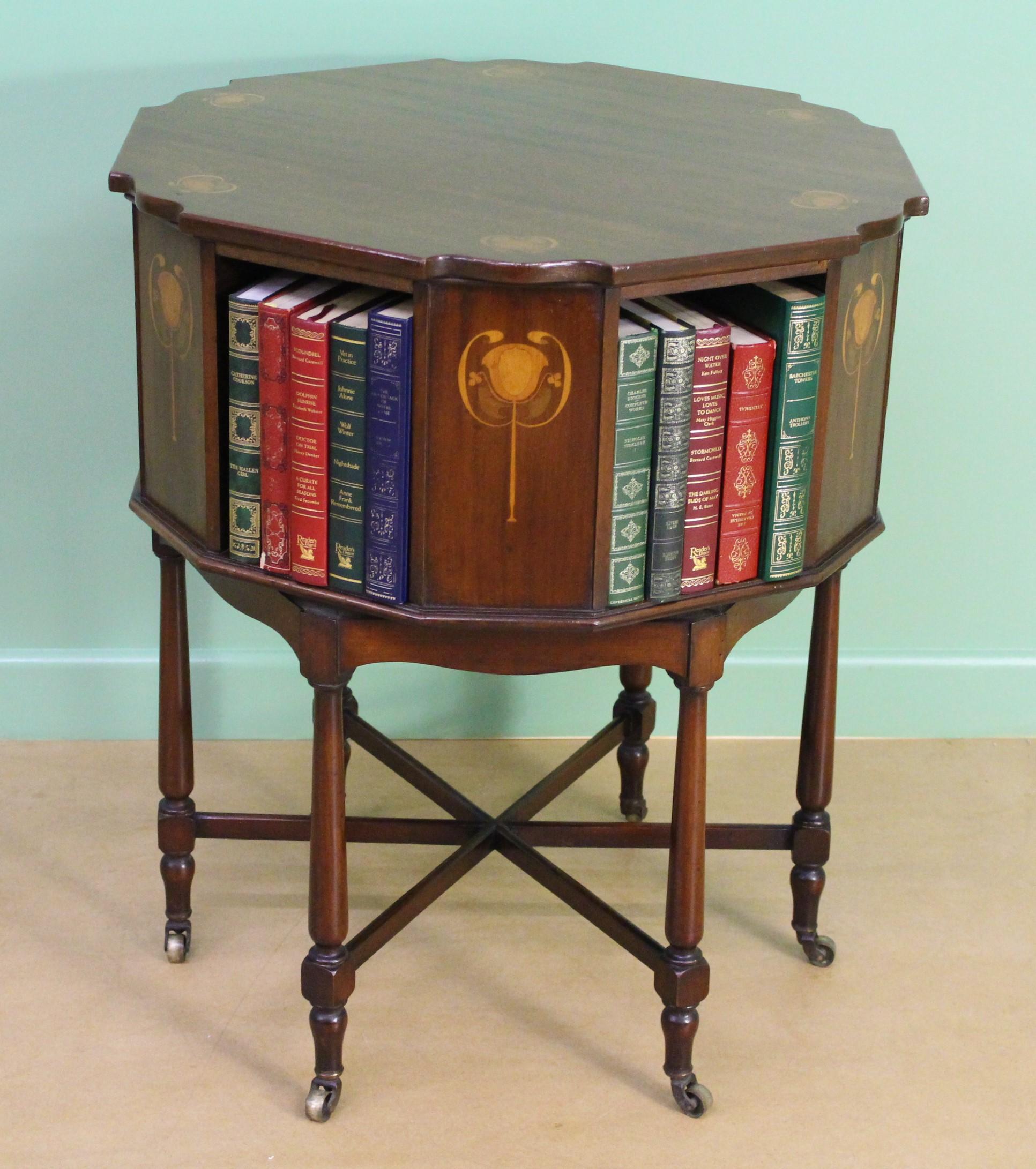 English Inlaid Mahogany Art Nouveau Revolving Book Table 4