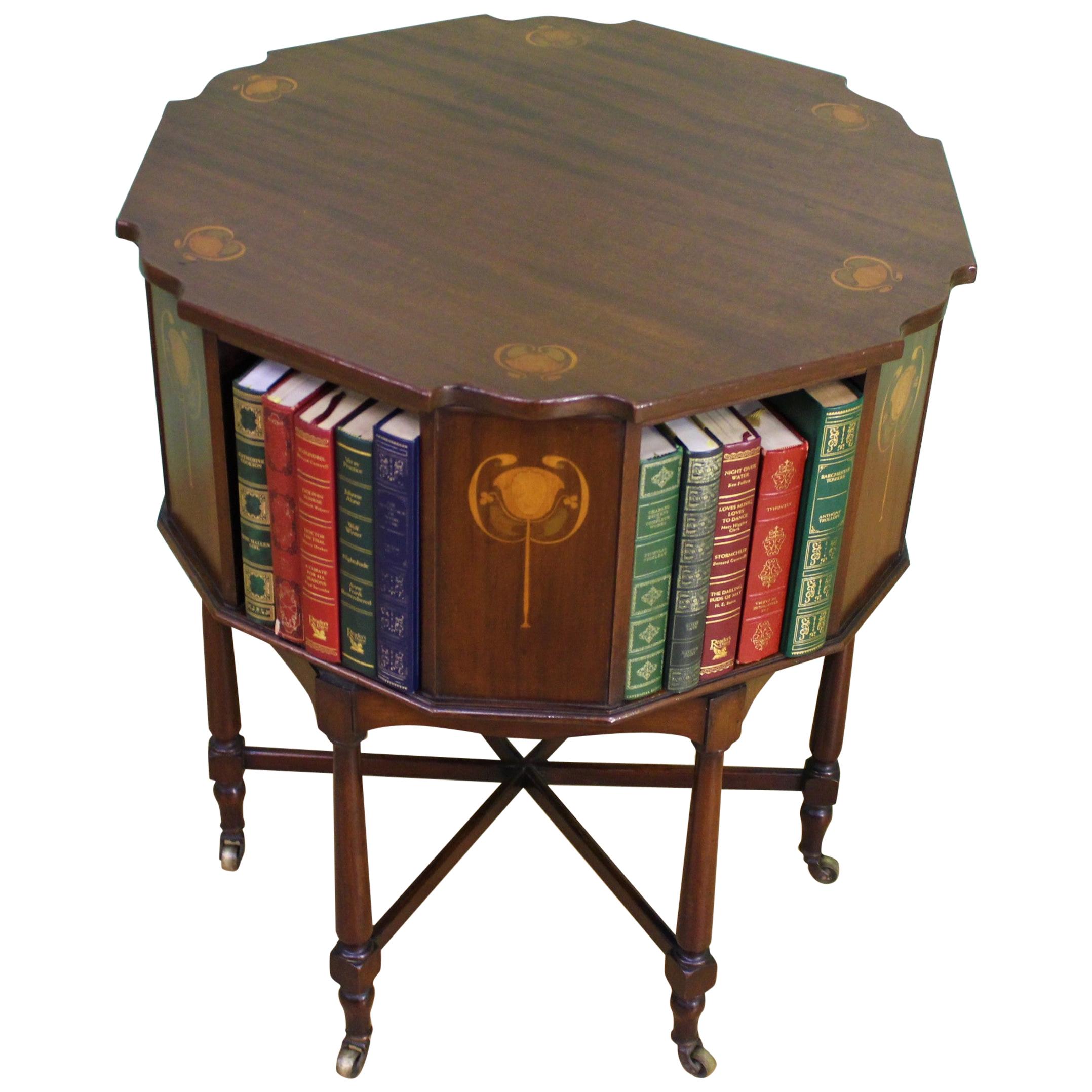 English Inlaid Mahogany Art Nouveau Revolving Book Table