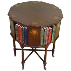 Antique English Inlaid Mahogany Art Nouveau Revolving Book Table