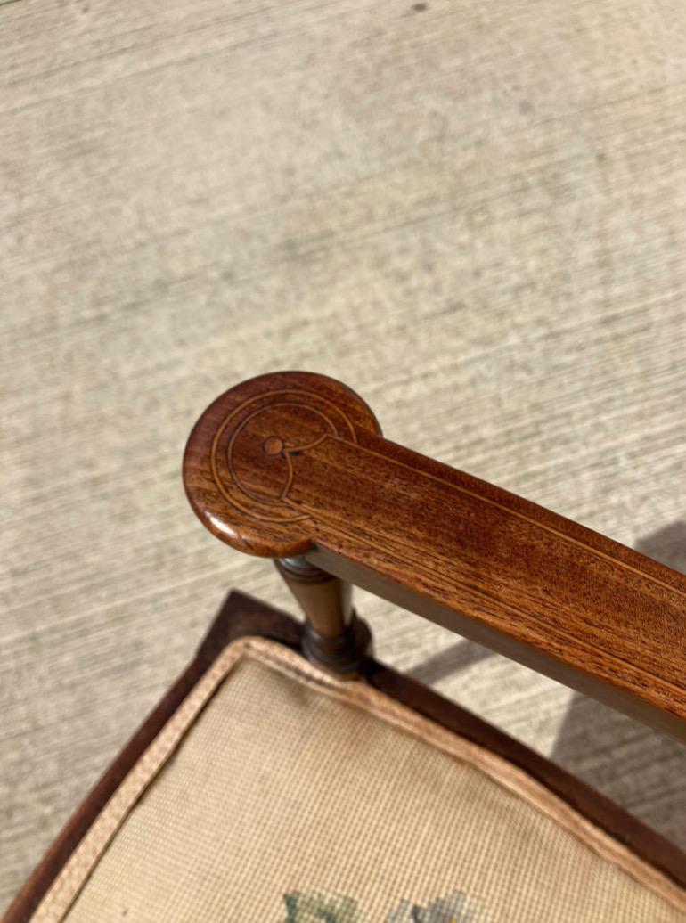 English Inlaid Mahogany Needlepoint Armchair \ Bedroom Side Chair For Sale 5