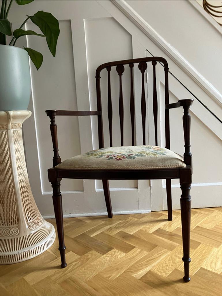 Victorian English Inlaid Mahogany Needlepoint Armchair \ Bedroom Side Chair For Sale