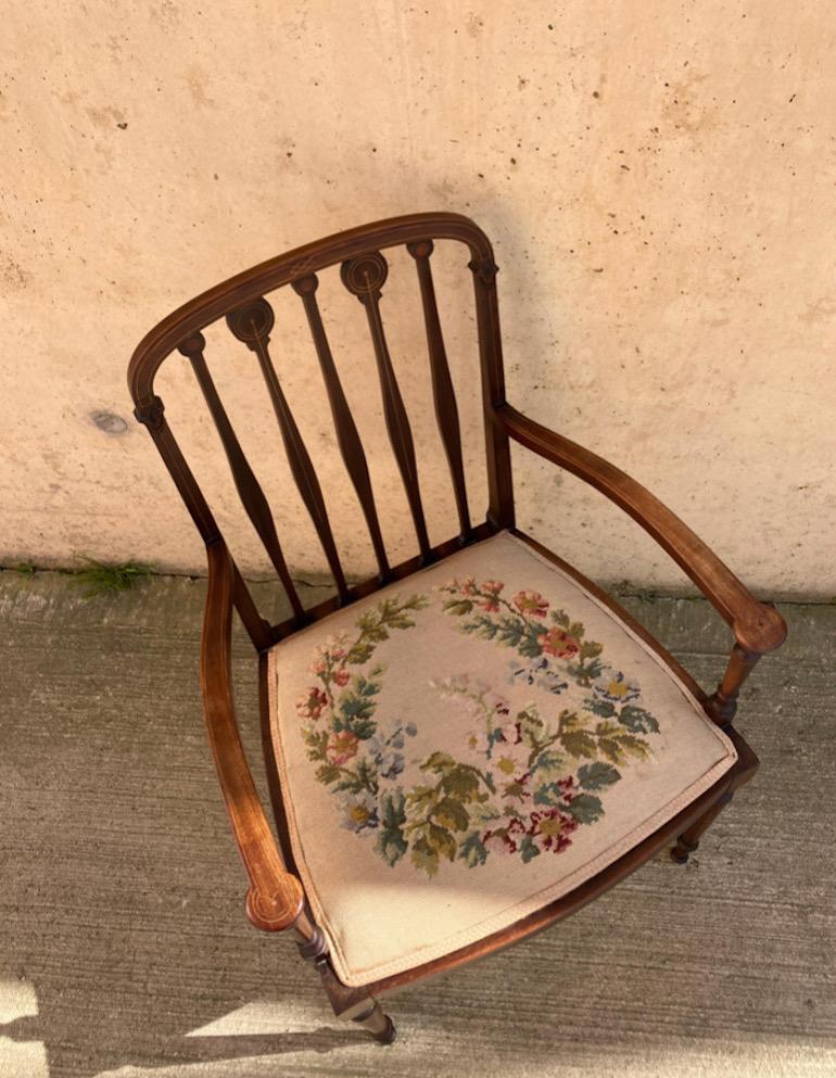 English Inlaid Mahogany Needlepoint Armchair \ Bedroom Side Chair In Good Condition For Sale In Leicester, GB