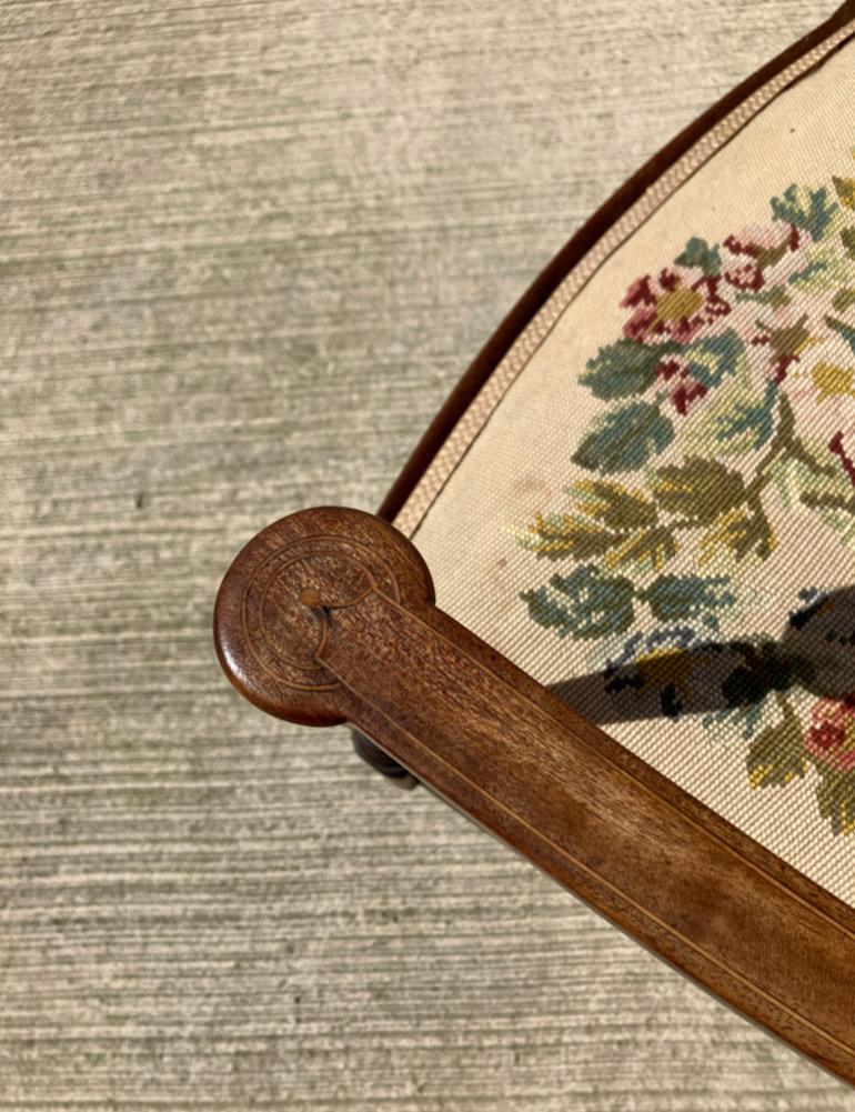 Late 19th Century English Inlaid Mahogany Needlepoint Armchair \ Bedroom Side Chair For Sale