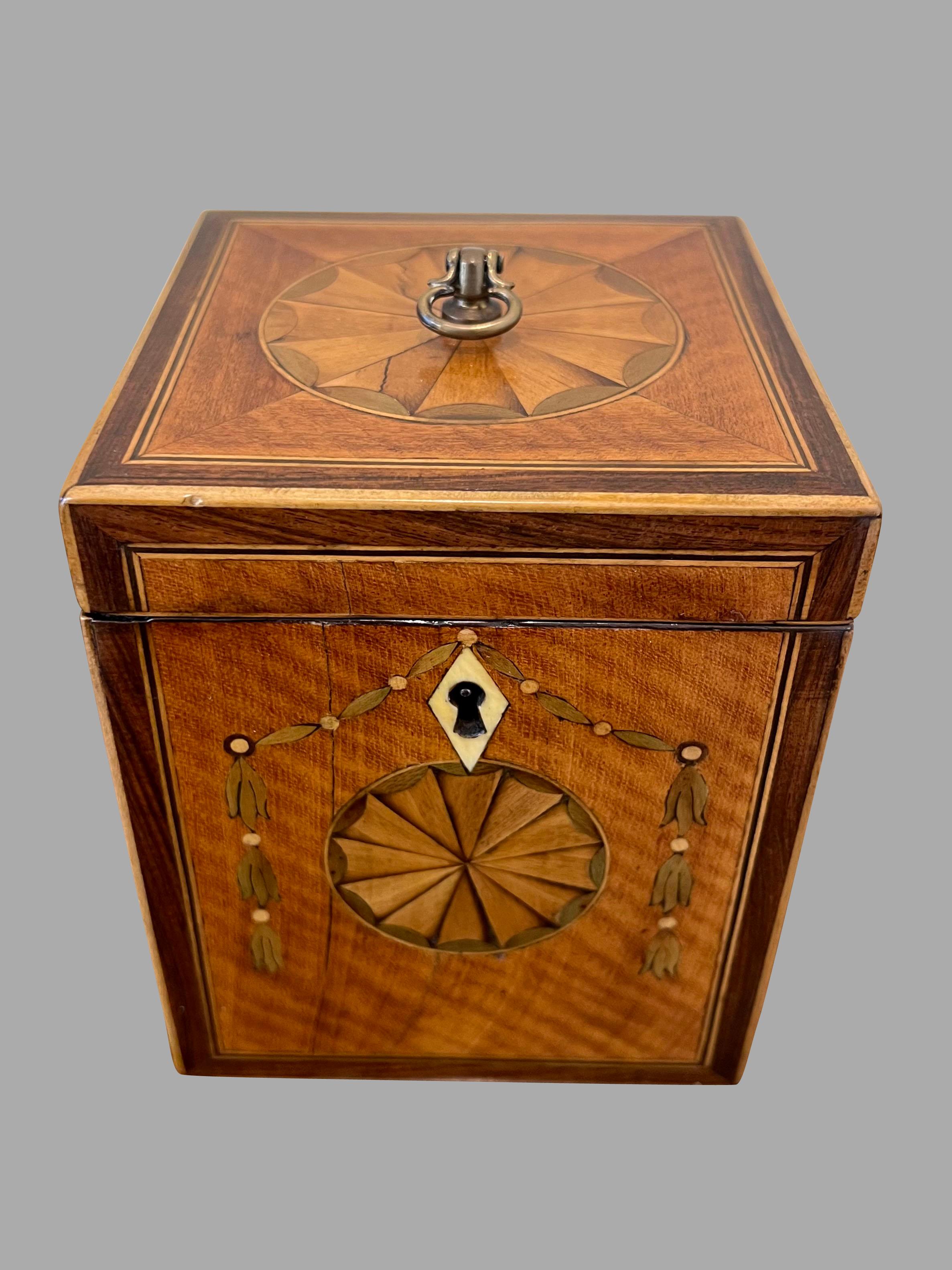 George III English Inlaid Mahogany Tea Caddy with Elaborate Crossbanding and Swag Inlay For Sale
