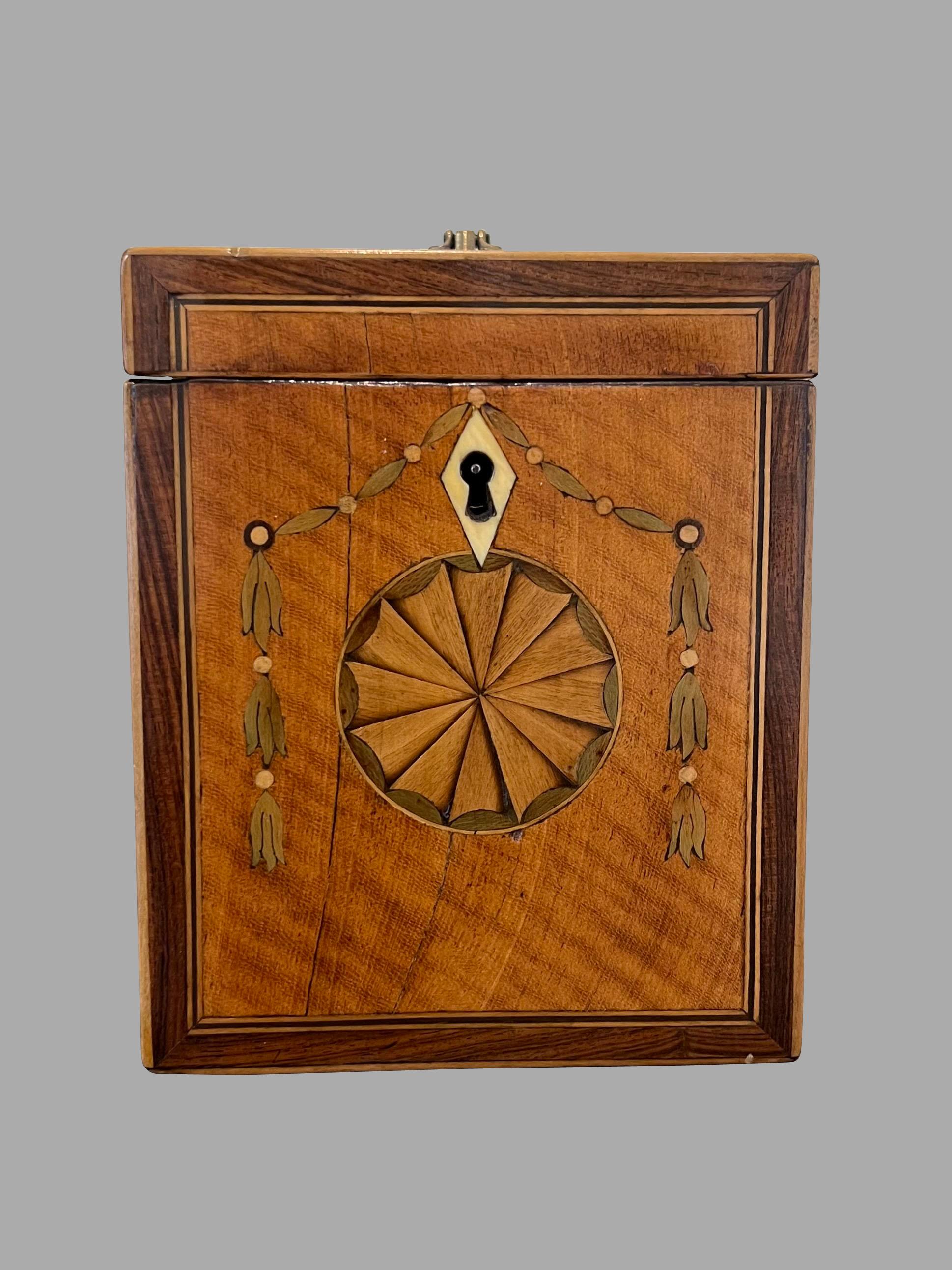 English Inlaid Mahogany Tea Caddy with Elaborate Crossbanding and Swag Inlay In Good Condition For Sale In San Francisco, CA