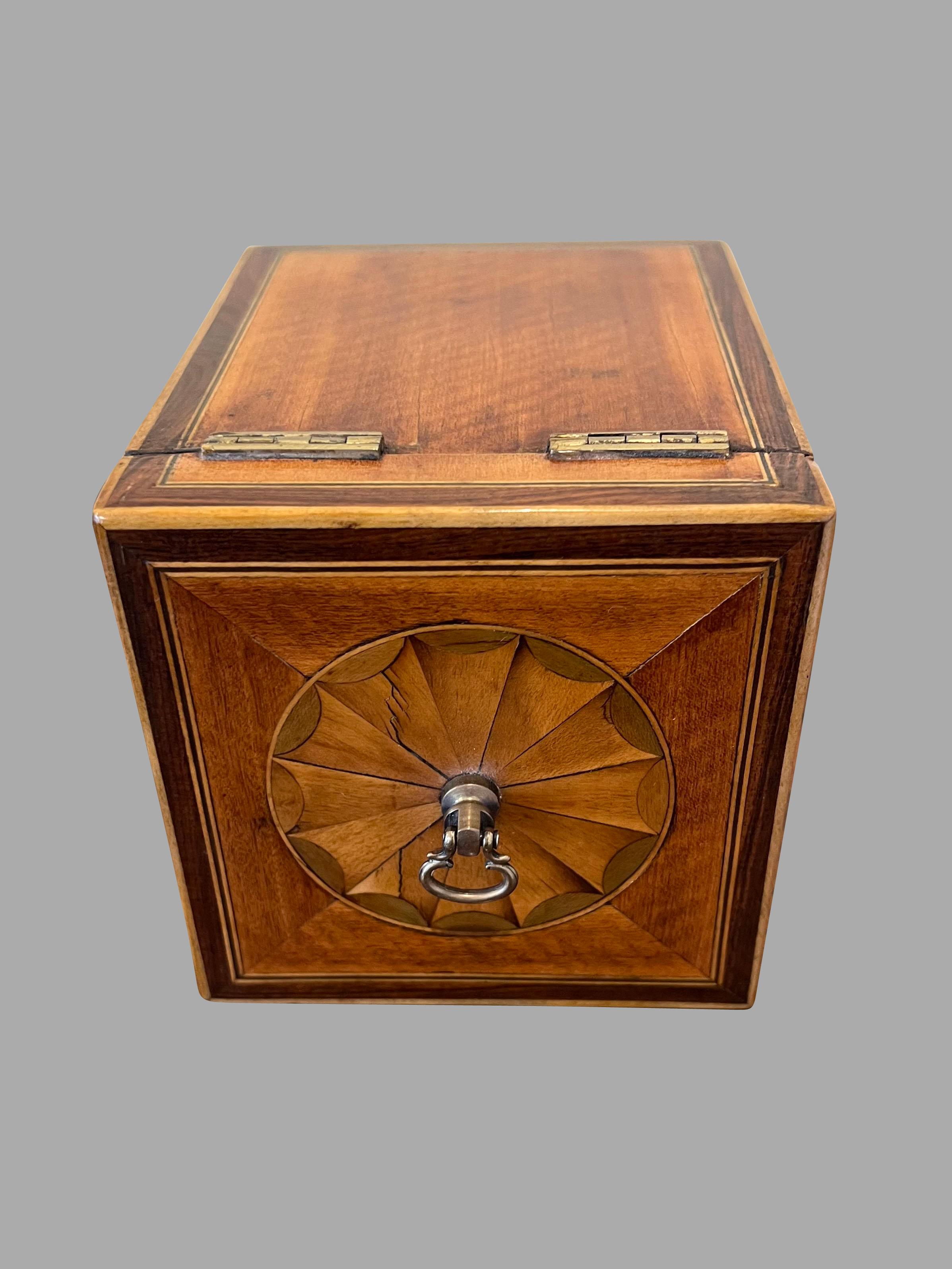 Boxwood English Inlaid Mahogany Tea Caddy with Elaborate Crossbanding and Swag Inlay For Sale