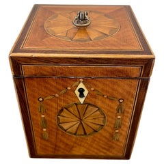 English Inlaid Mahogany Tea Caddy with Elaborate Crossbanding and Swag Inlay
