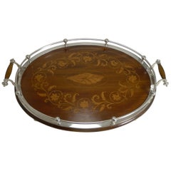 English Inlaid Oak Serving Tray with Silver Plated Fittings, circa 1900-1910