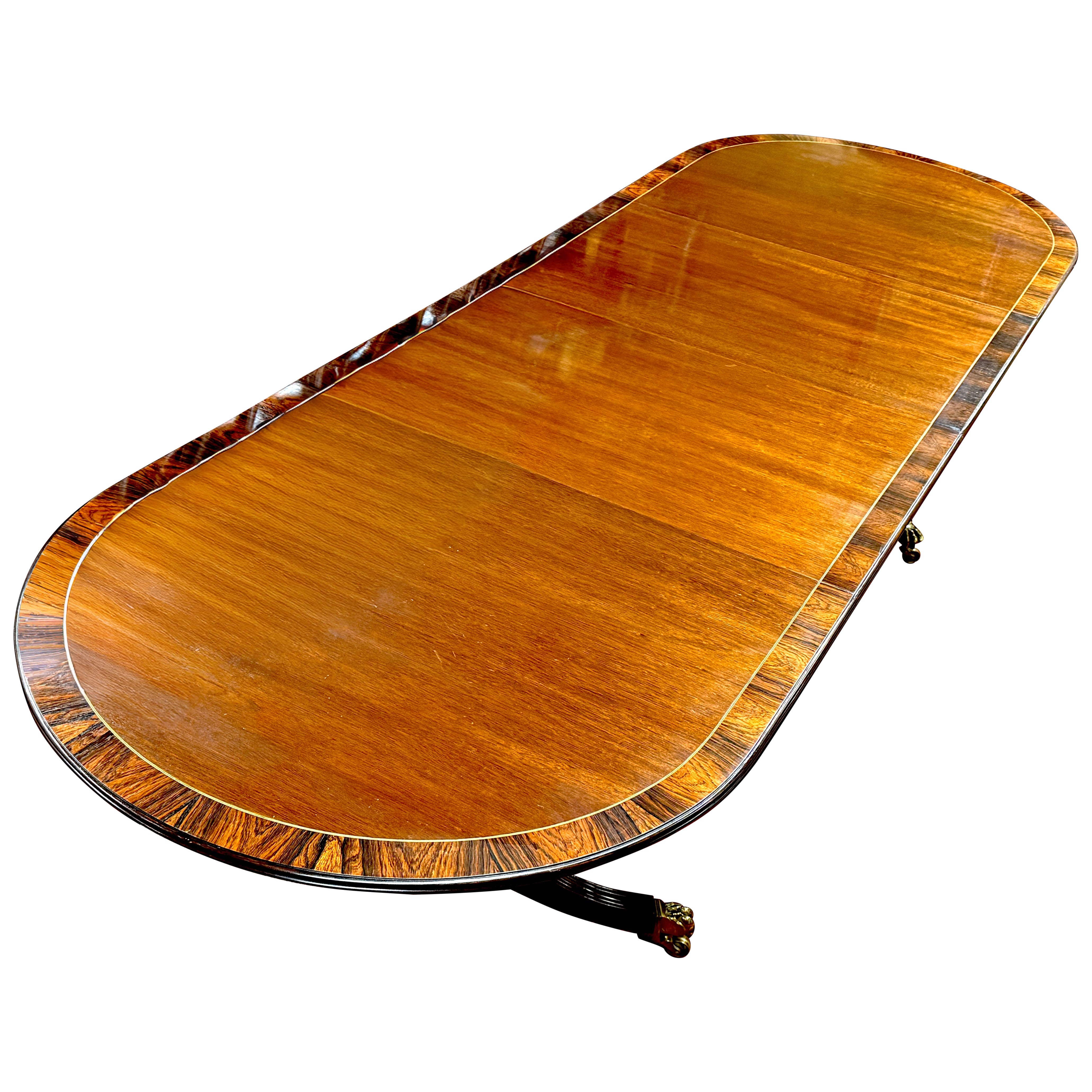 English Inlaid Solid Mahogany Sheraton Style Two Pedestal, Two Leaf Dining Table For Sale