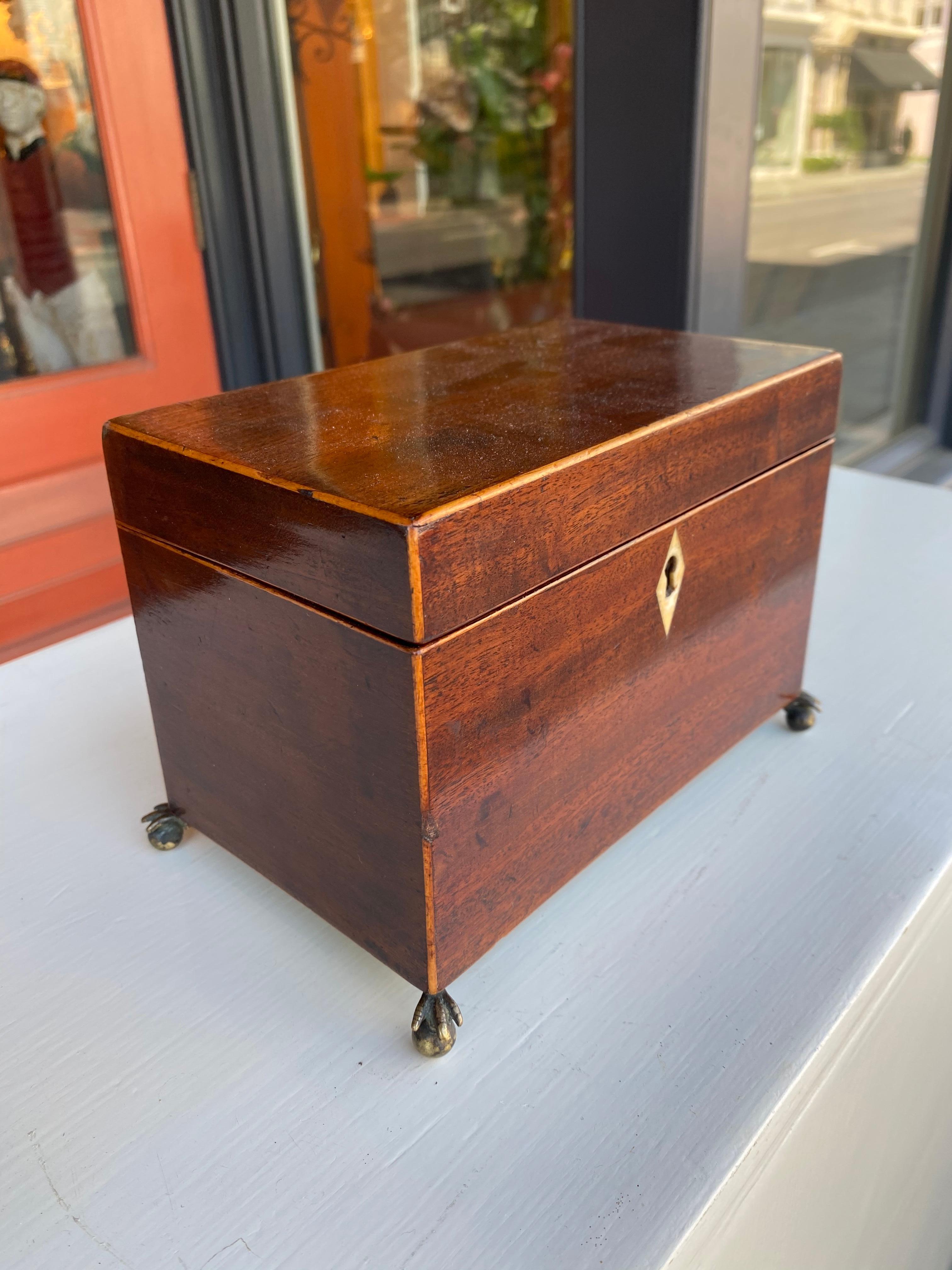 Mahogany English inlaid tea caddy with brass paw feet  For Sale