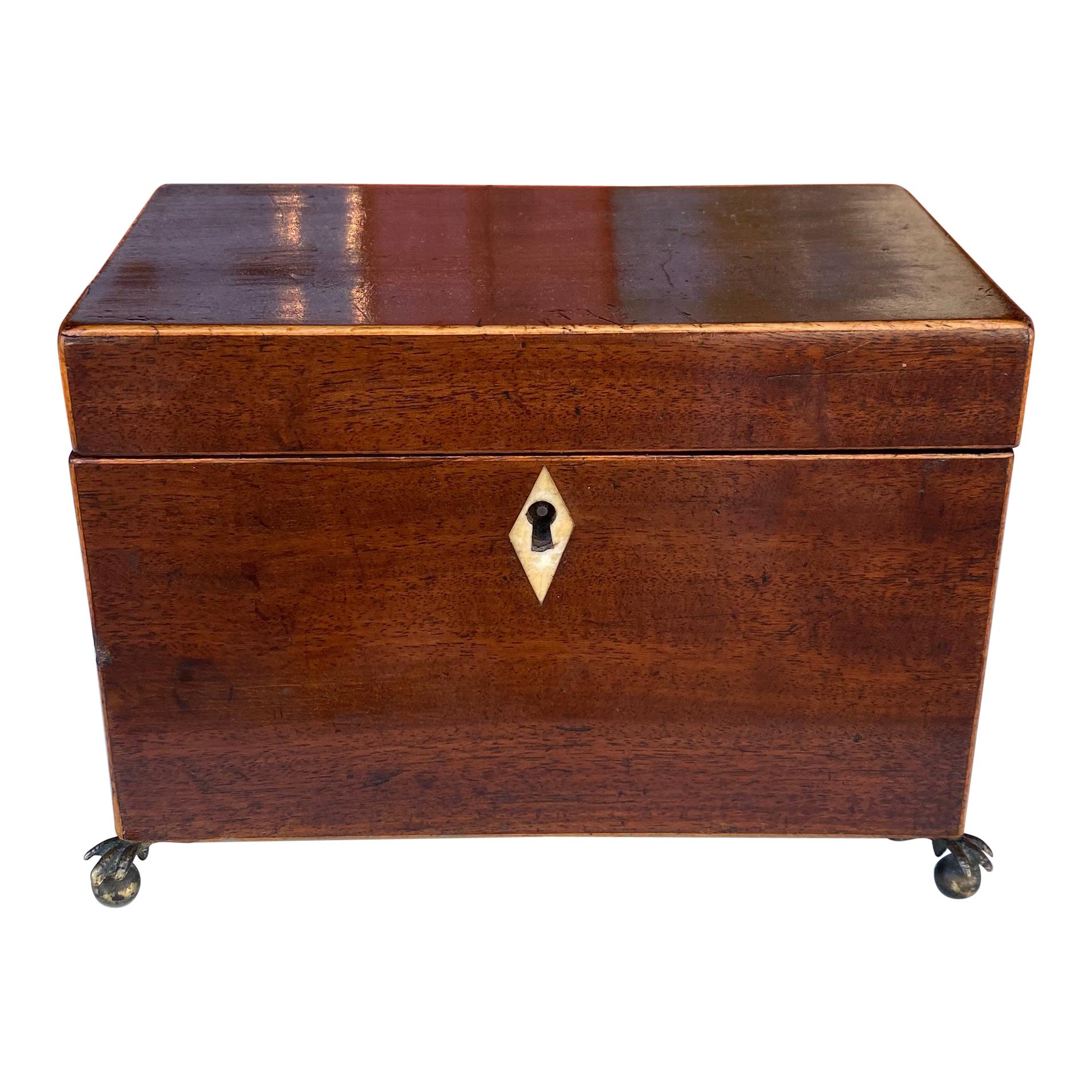 English inlaid tea caddy with brass paw feet 