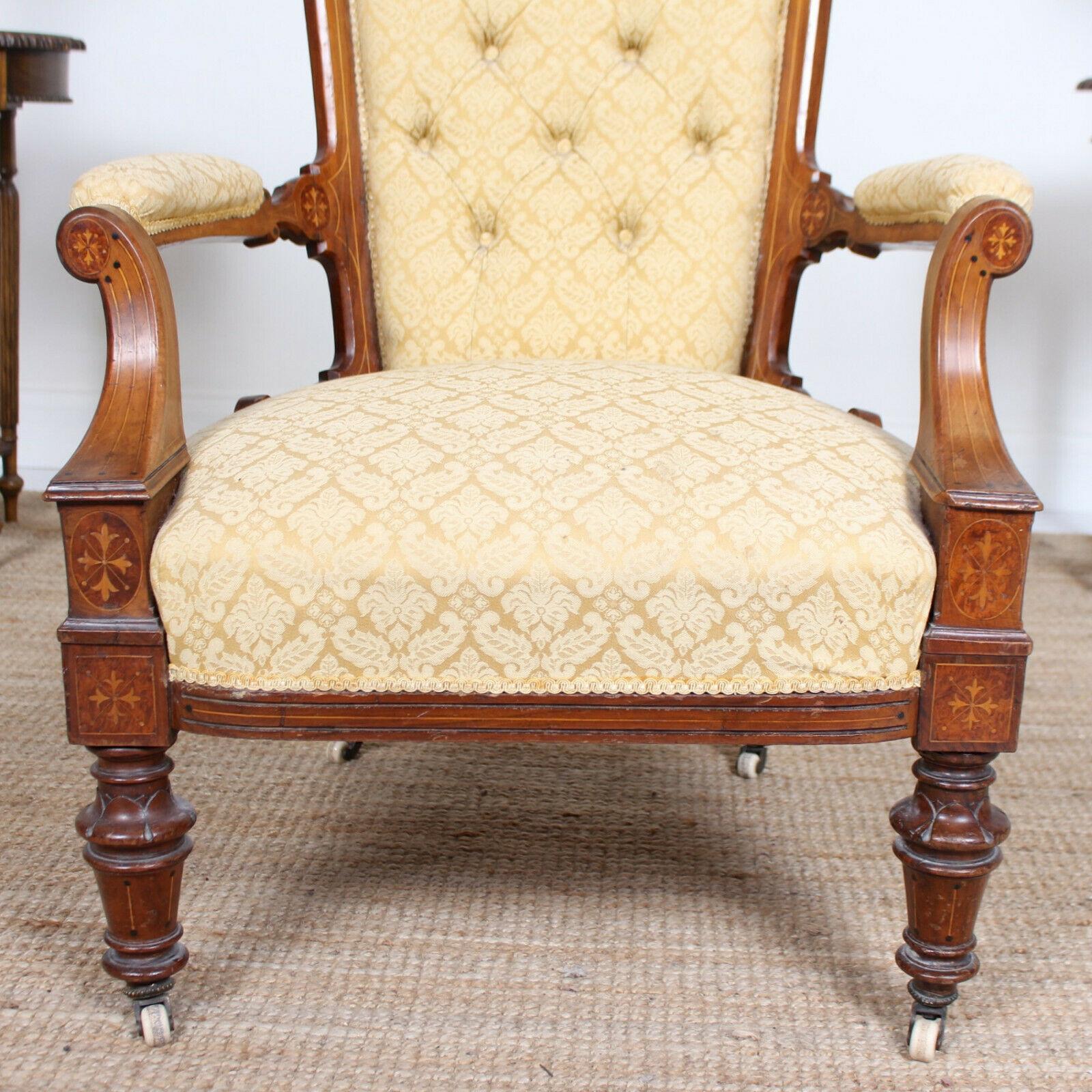 English Inlaid Walnut Armchair 19th Century Lounge Chair For Sale 7