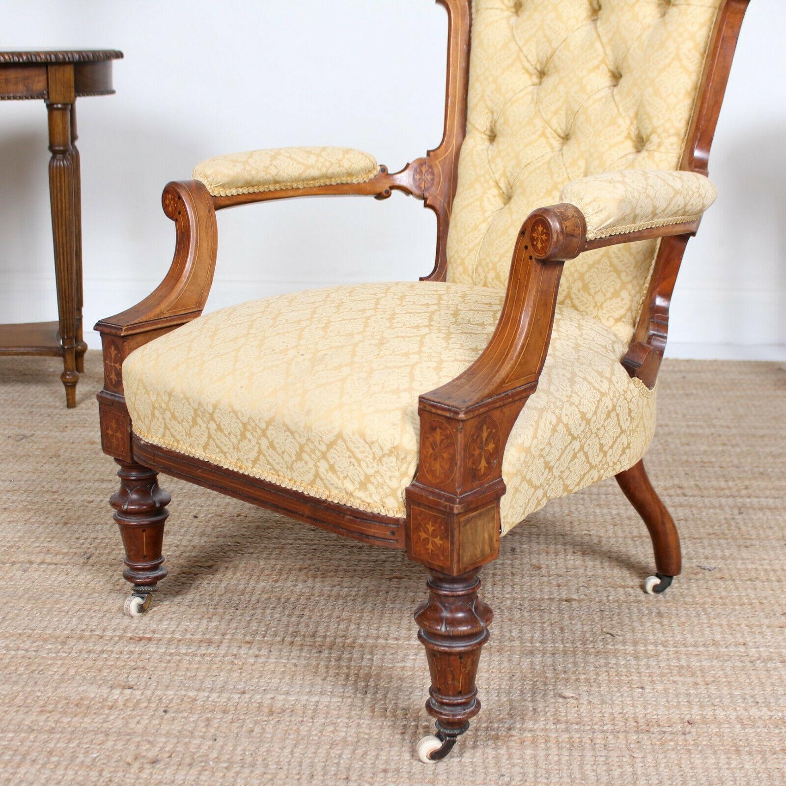 English Inlaid Walnut Armchair 19th Century Lounge Chair For Sale 9