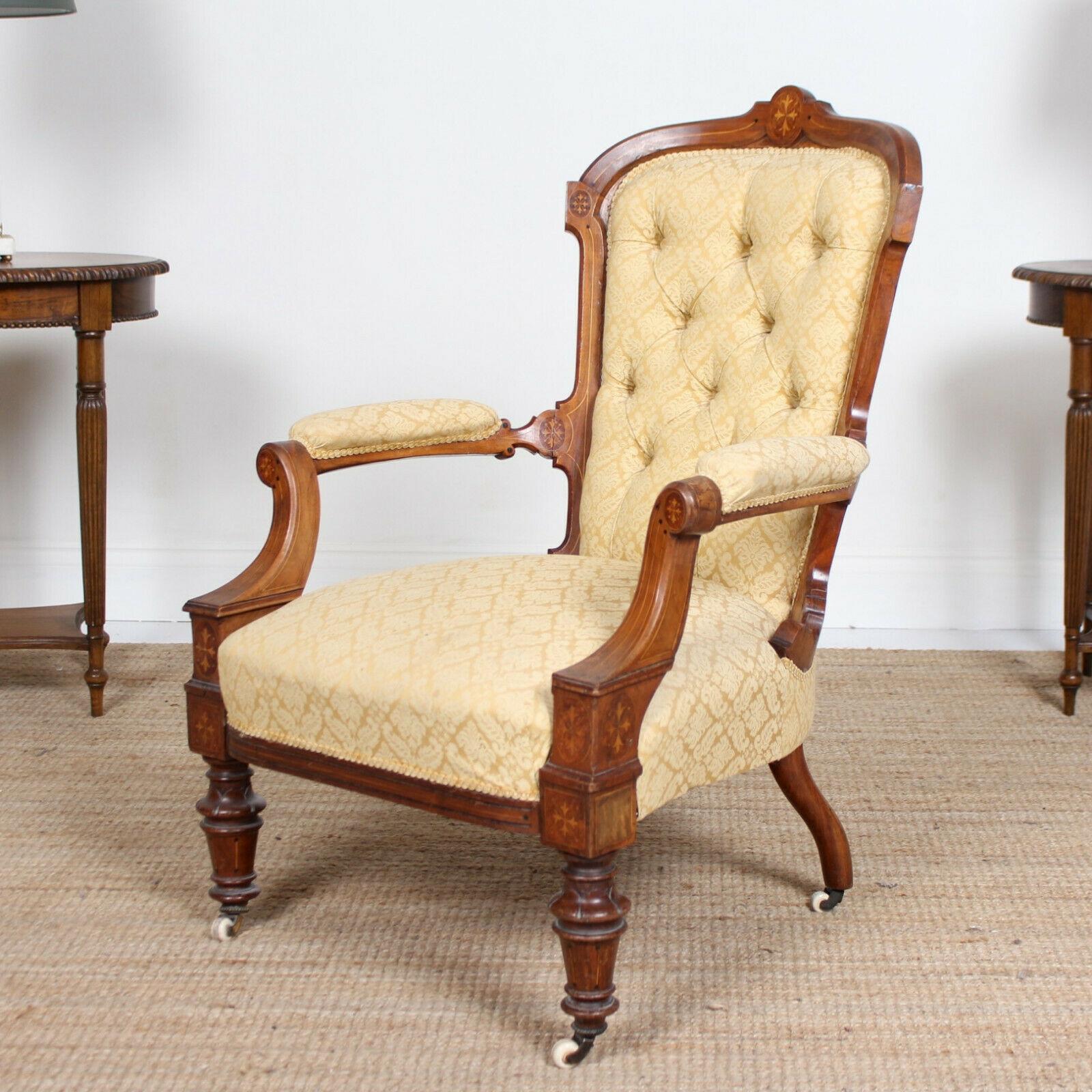 An impressive 19th century walnut armchair inlaid with ebony and satinwood.
Recently reupholstered in a fine quality button back fabric. Boasting fine quality inlaid decorations, carved detailing and raised on castors.
England, circa 1860.