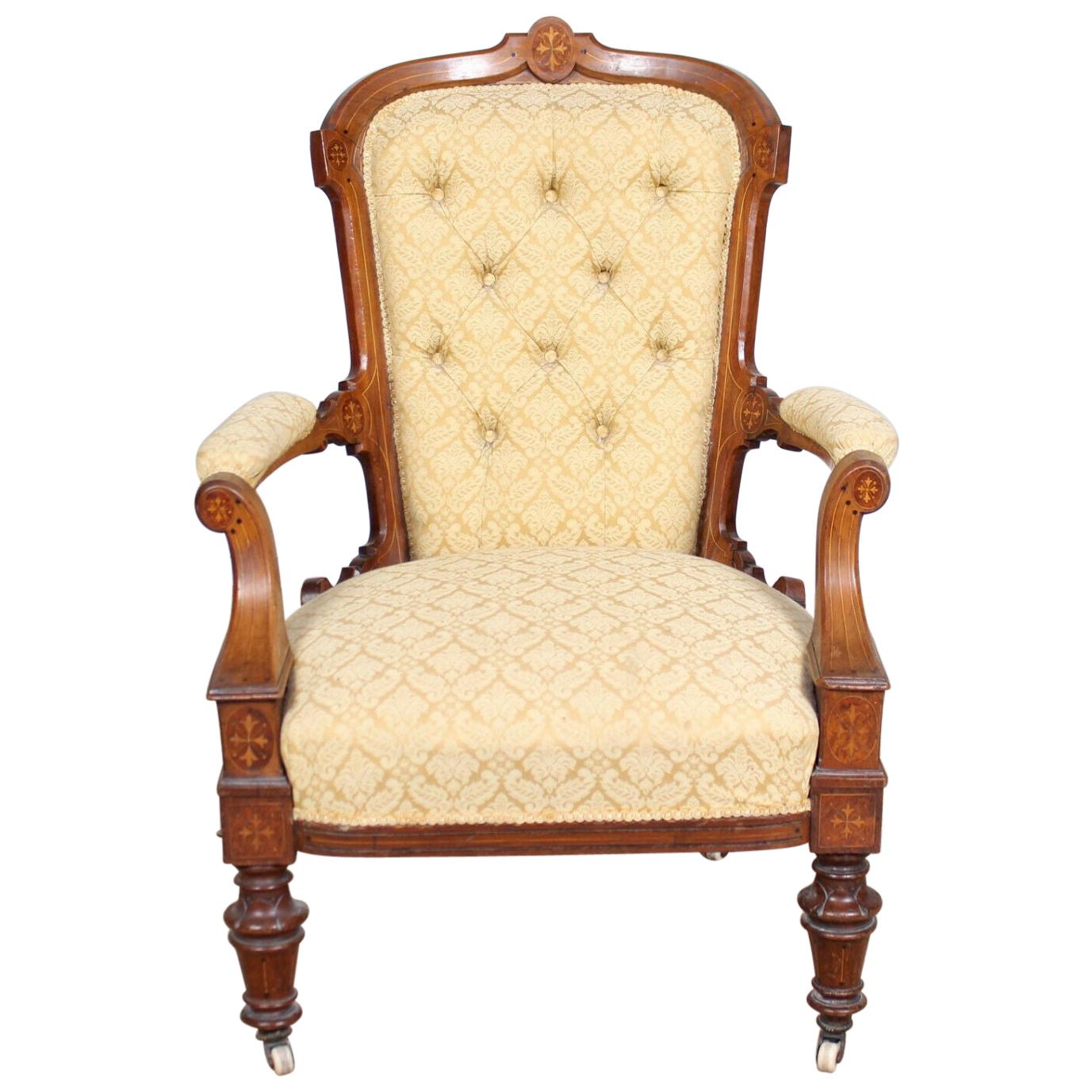 English Inlaid Walnut Armchair 19th Century Lounge Chair For Sale