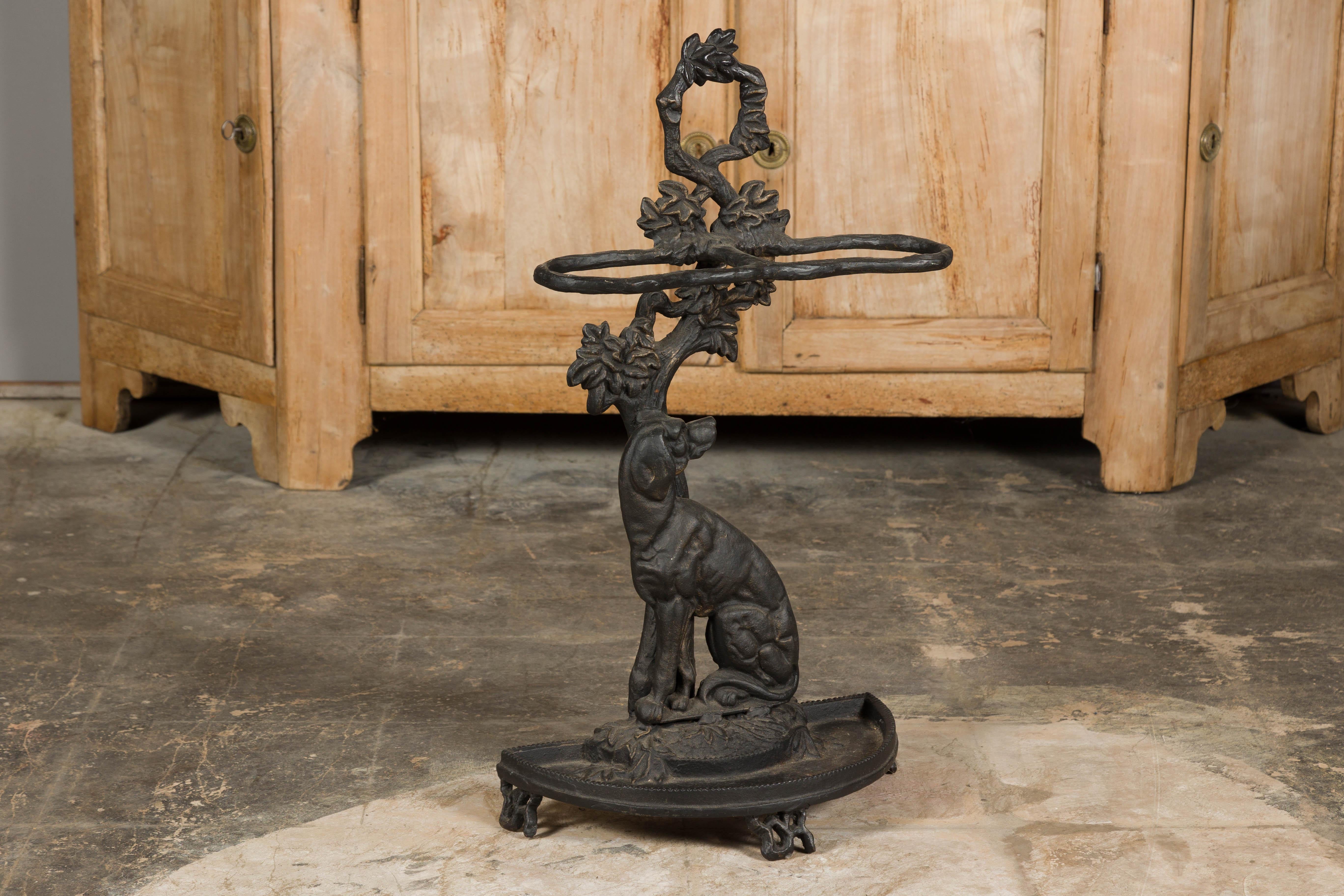 English Iron Umbrella Stand Depicting a Dog Sitting in front of a Tree For Sale 8