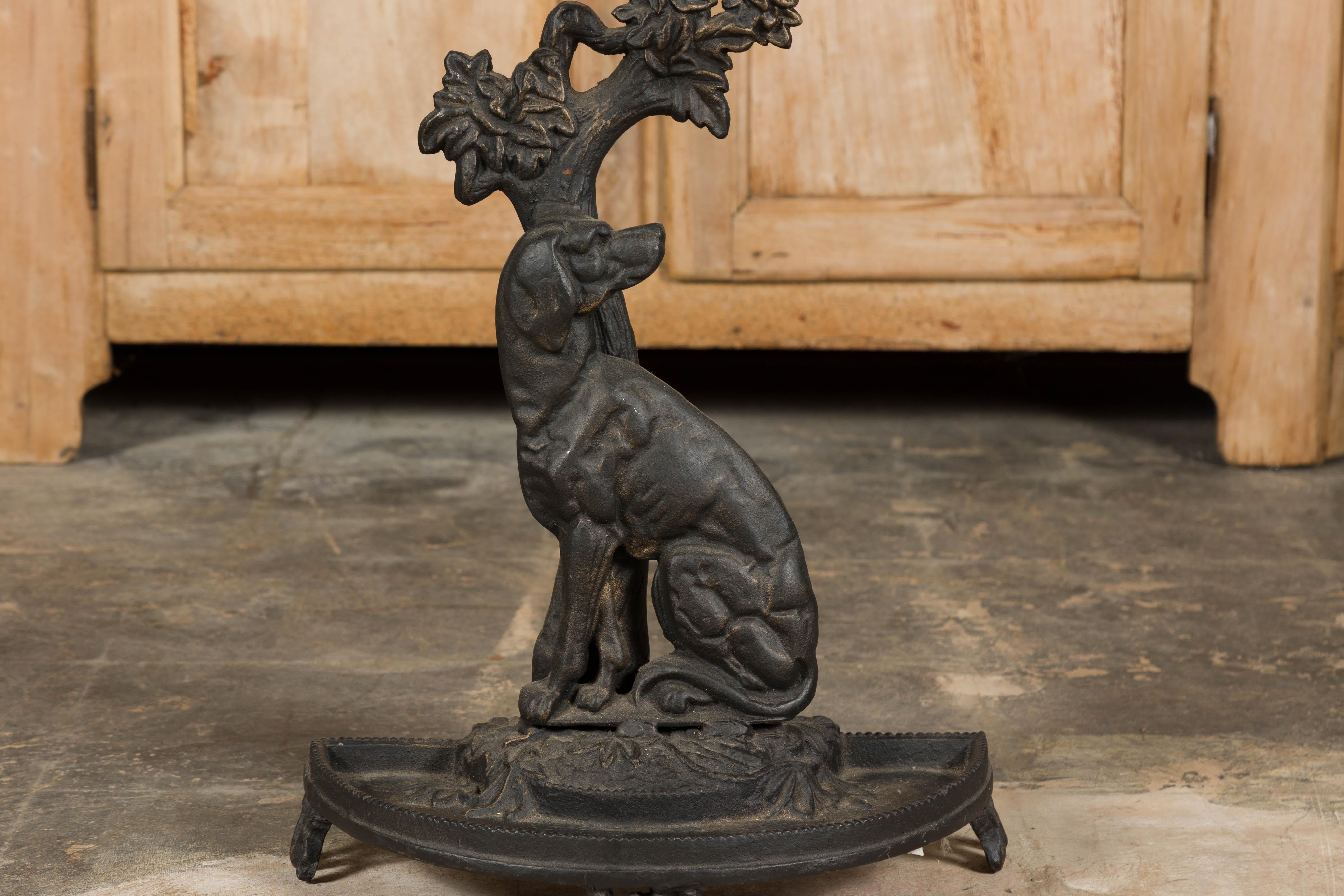 English Iron Umbrella Stand Depicting a Dog Sitting in front of a Tree For Sale 2