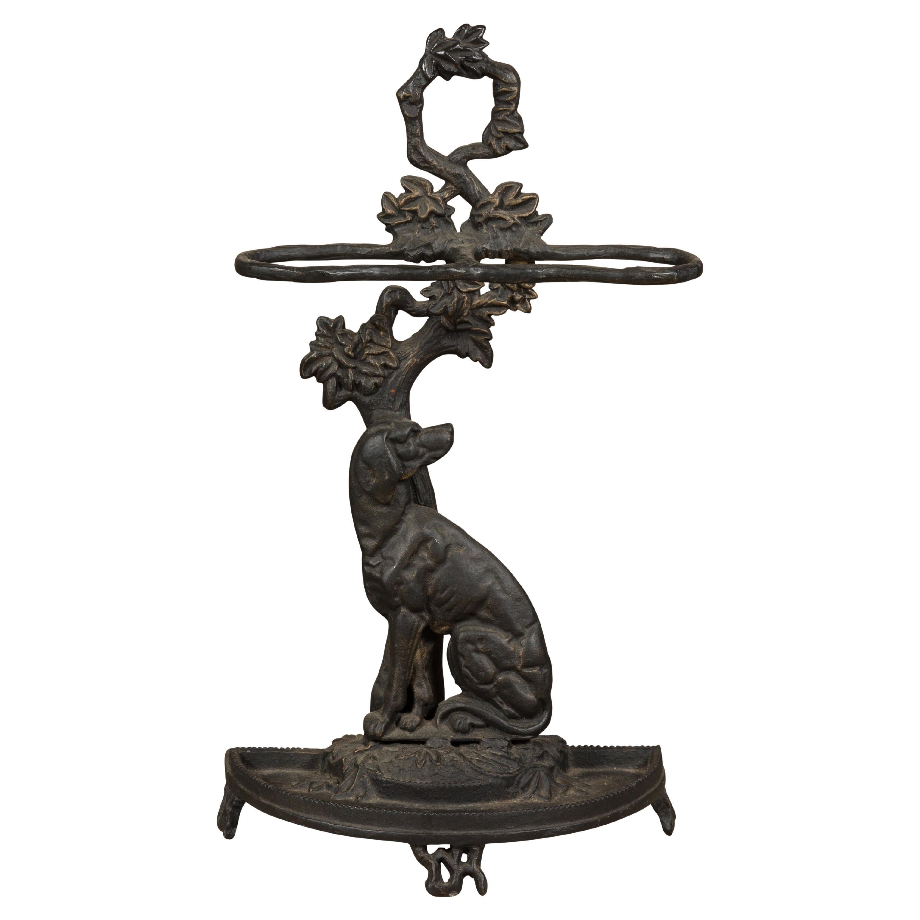 English Iron Umbrella Stand Depicting a Dog Sitting in front of a Tree