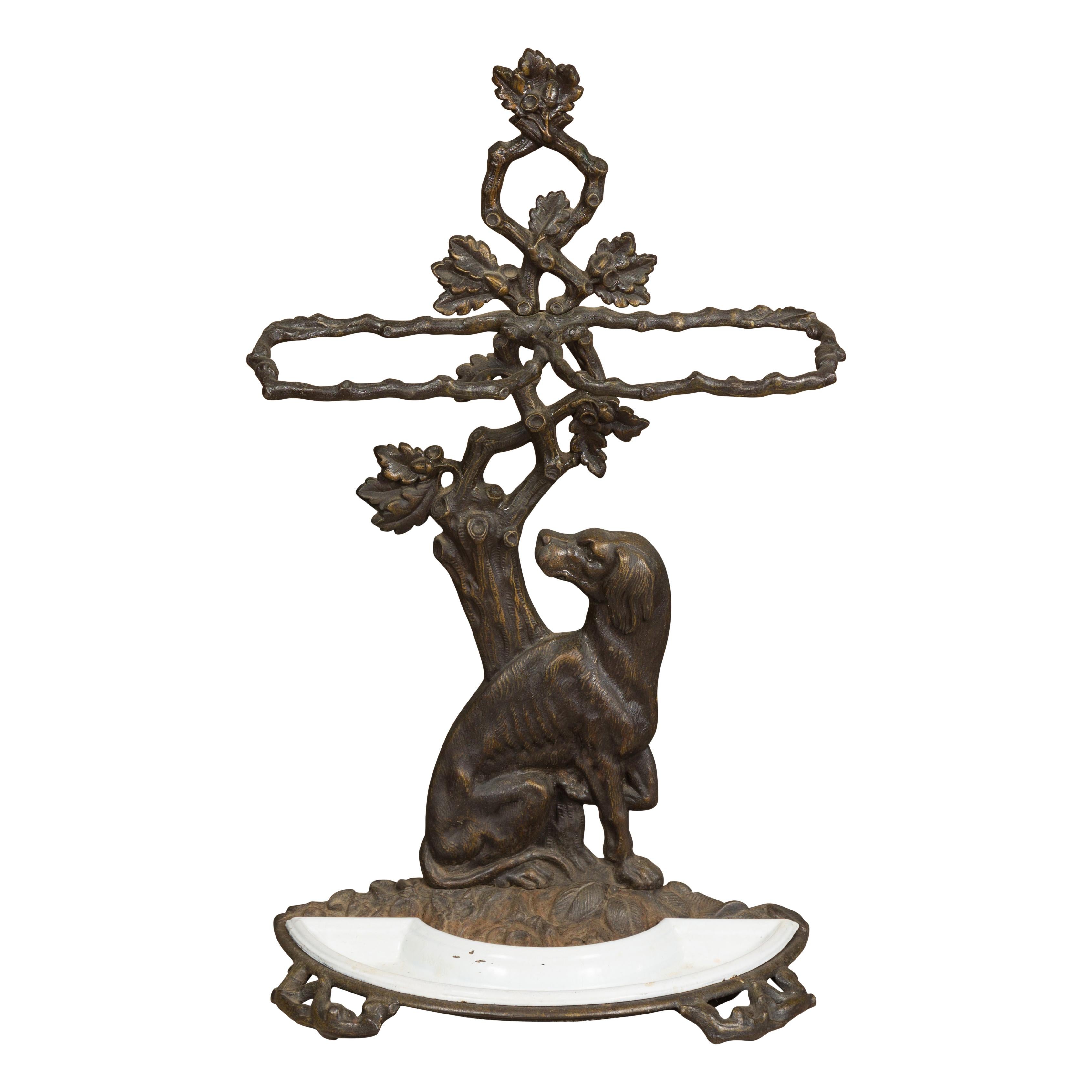 English Iron Umbrella Stand with Dog and Tree Motif and White Receptacle For Sale 12