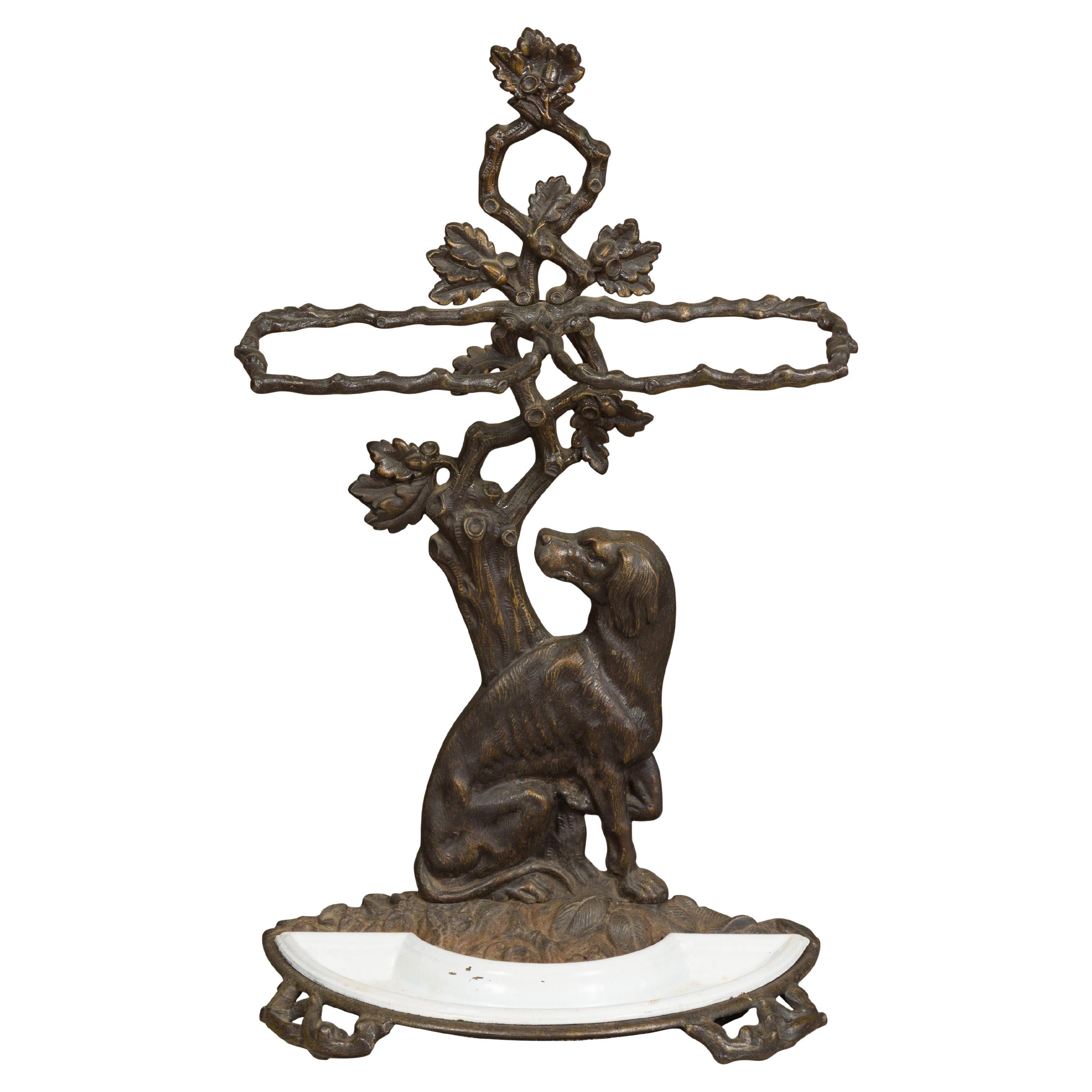 English Iron Umbrella Stand with Dog and Tree Motif and White Receptacle For Sale