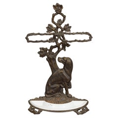 English Iron Umbrella Stand with Dog and Tree Motif and White Receptacle