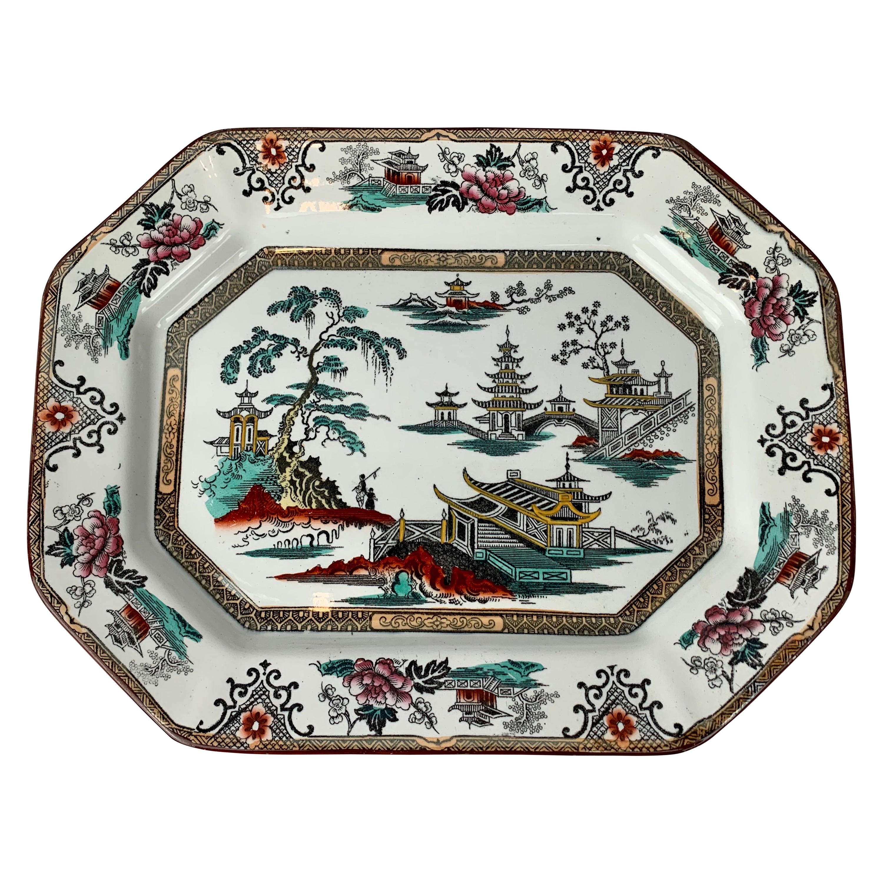 Chinoiserie Motif Ironstone Platter with, Hand Decorated, England, 19th c.