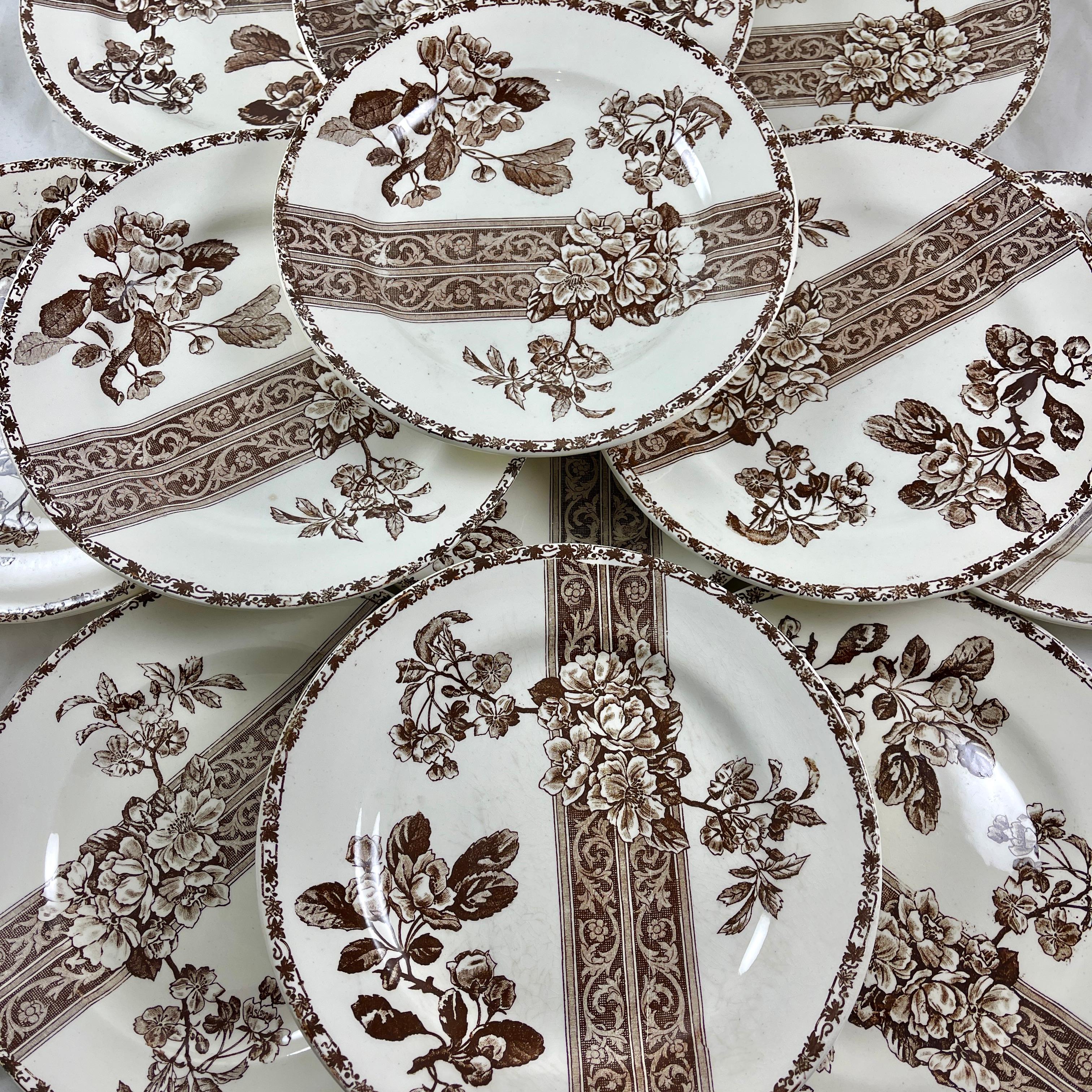 
Sepia colored transfer printed on white ironstone dinner plate, imported to France from England by Emile Bourgeois, circa 1880s.

Multiple plates are available, offered individually, for building a service.

A charming Aesthetic Movement
