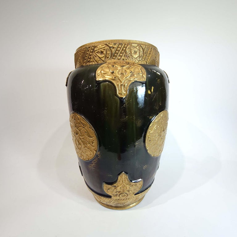 Aesthetic Movement English Irridescent Pottery Vase Aesthetic Persian Motif For Sale