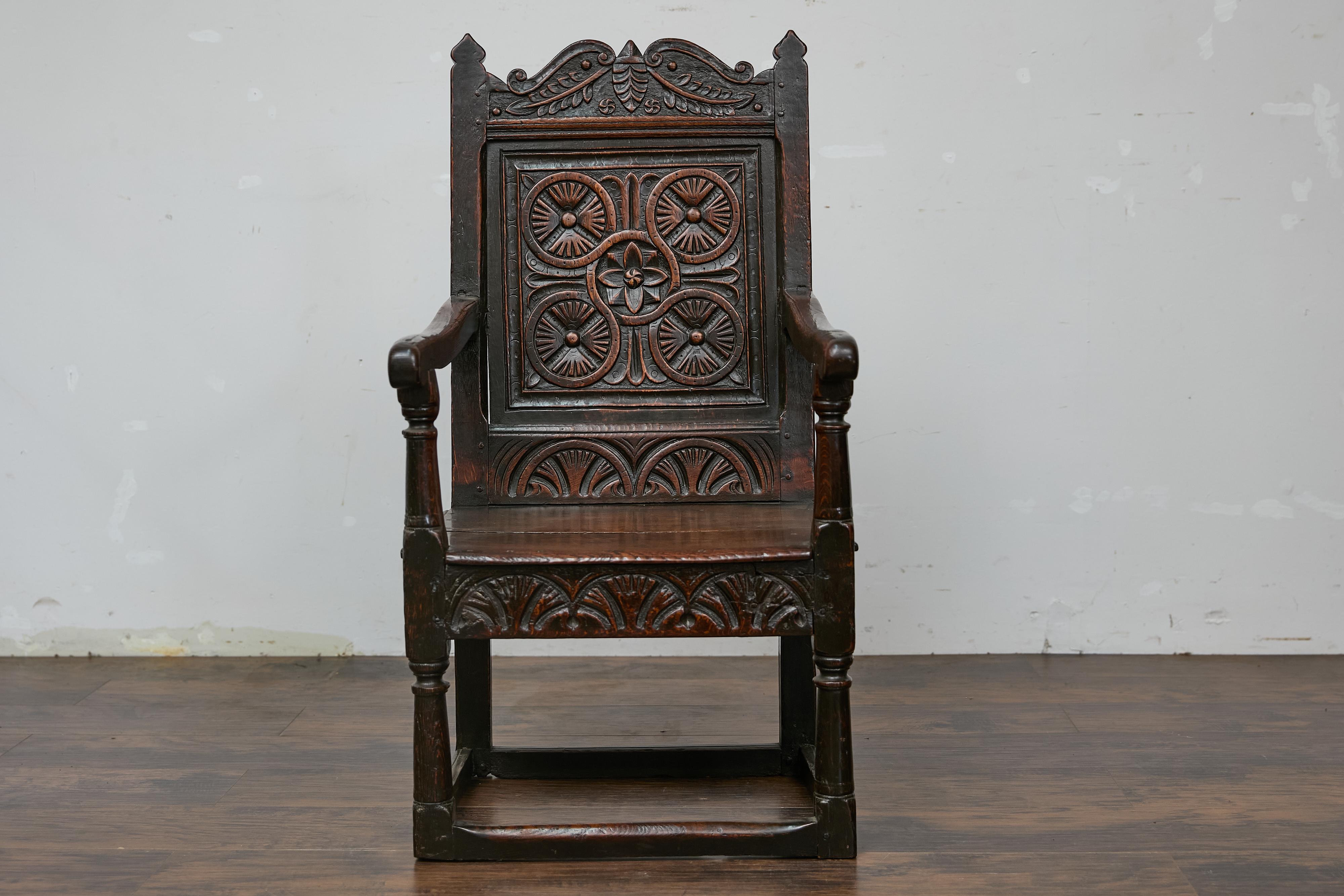 English Jacobean 1690s Oak High Back Armchair with Carved Décor and Turned Legs For Sale 10