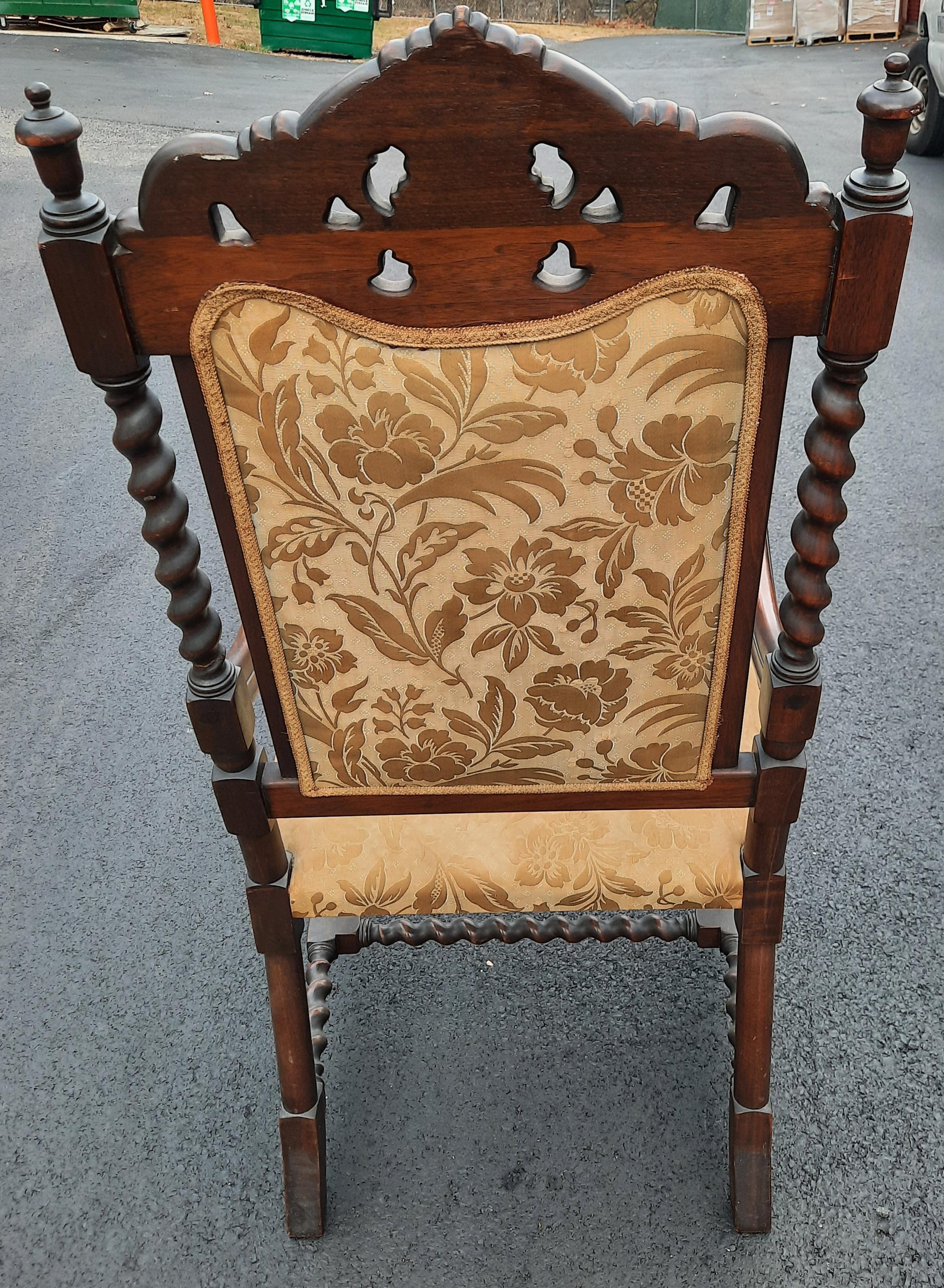 English Jacobean Hand Carved Barley Twist Upholstered Chair, Circa 1800s For Sale 1