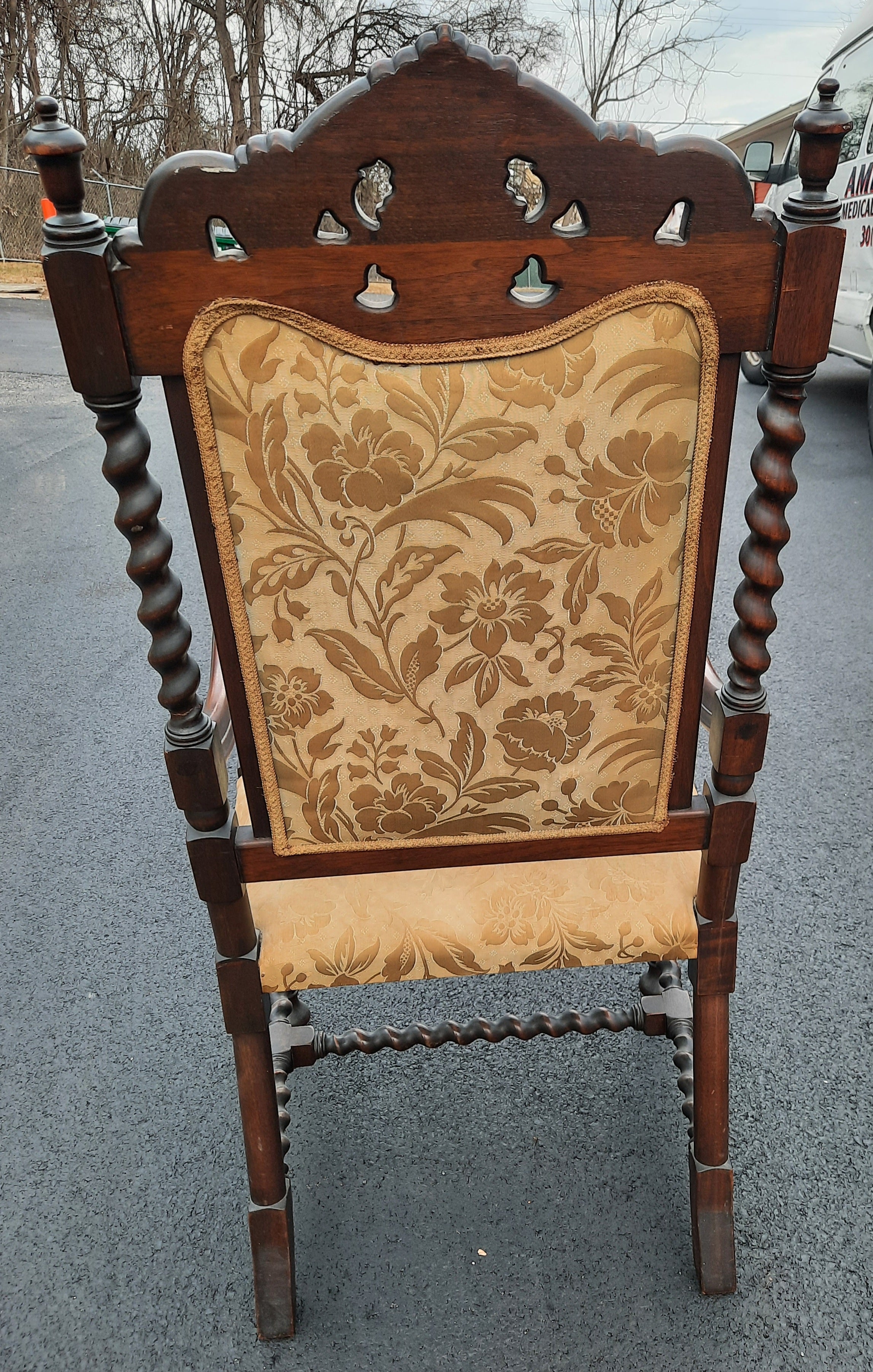 English Jacobean Hand Carved Barley Twist Upholstered Chair, Circa 1800s In Good Condition For Sale In Germantown, MD