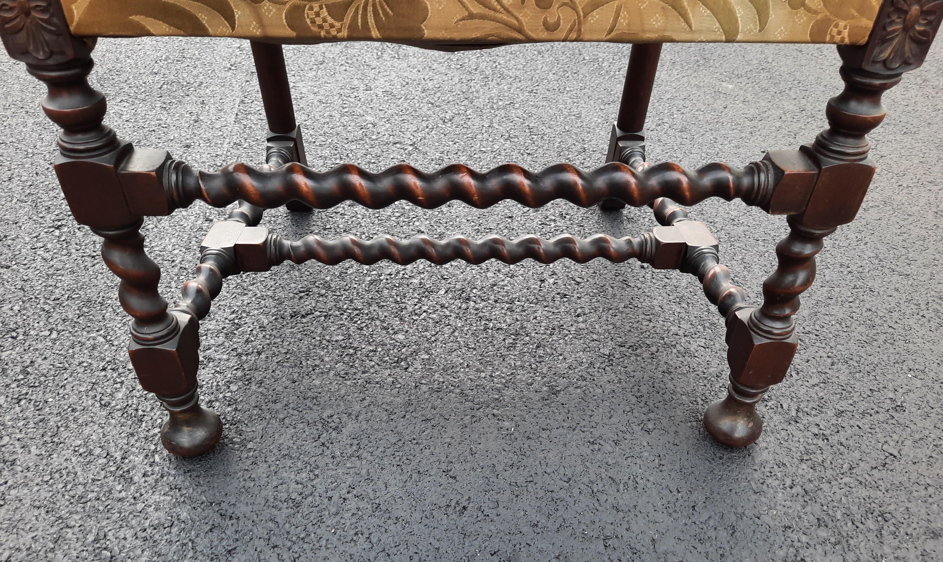 19th Century English Jacobean Hand Carved Barley Twist Upholstered Chair, Circa 1800s For Sale