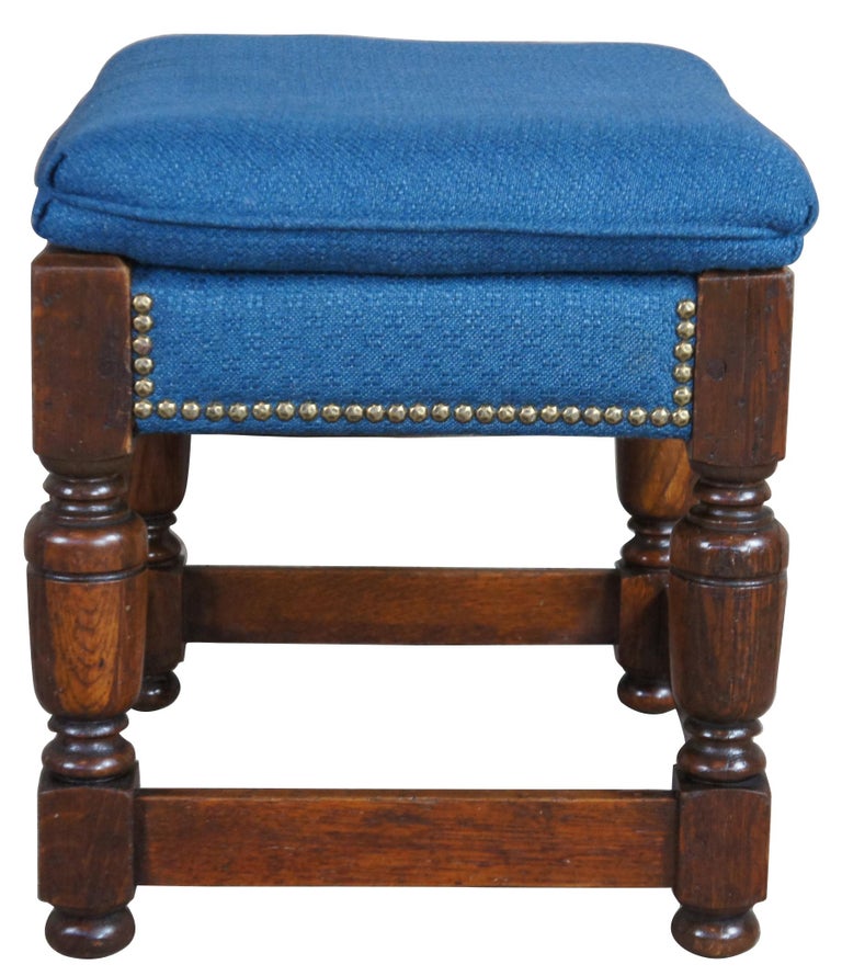 English Jacobean Oak Joint Foot Stool Ottoman Bench Blue Upholstery And Nail Head For Sale At 1stdibs