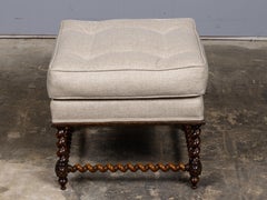 English Jacobean Revival Barley Twist Upholstered Stool with Stretcher Base