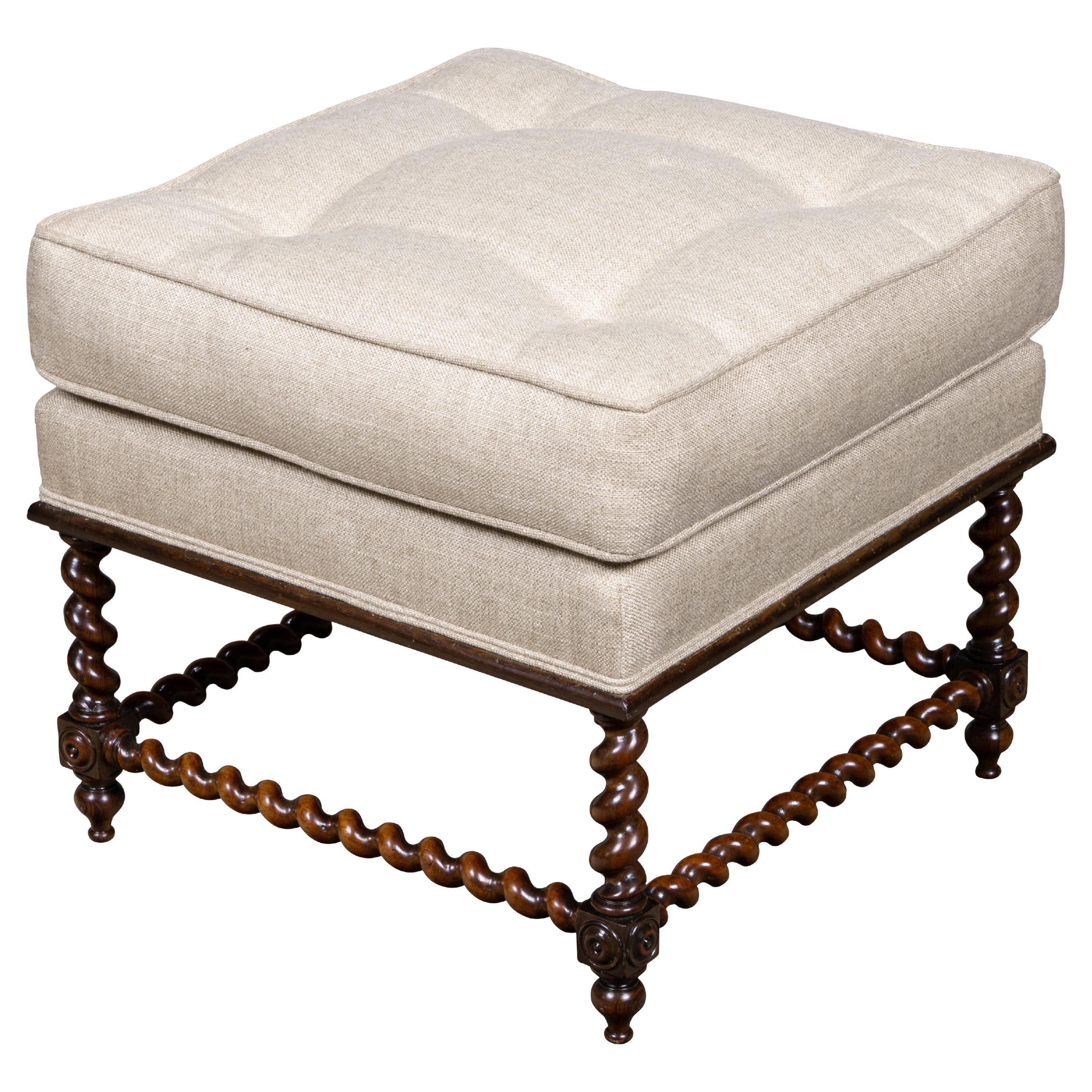 English Jacobean Revival Barley Twist Upholstered Stool with Stretcher Base For Sale