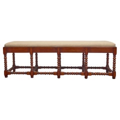 English Jacobean Revival Walnut Bench with Turned Supports and New Upholstery
