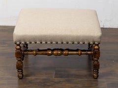 English Jacobean Revival Walnut Upholstered Footstool, circa 1880