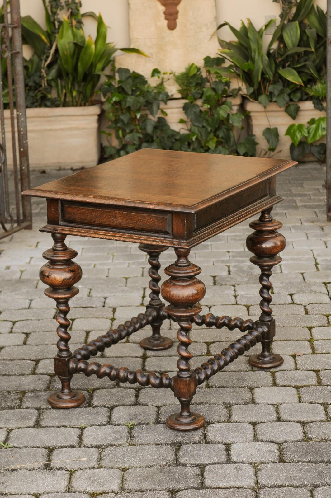 English Jacobean Style 1800s Oak Side Table with Barley Twist Base and Drawer 4